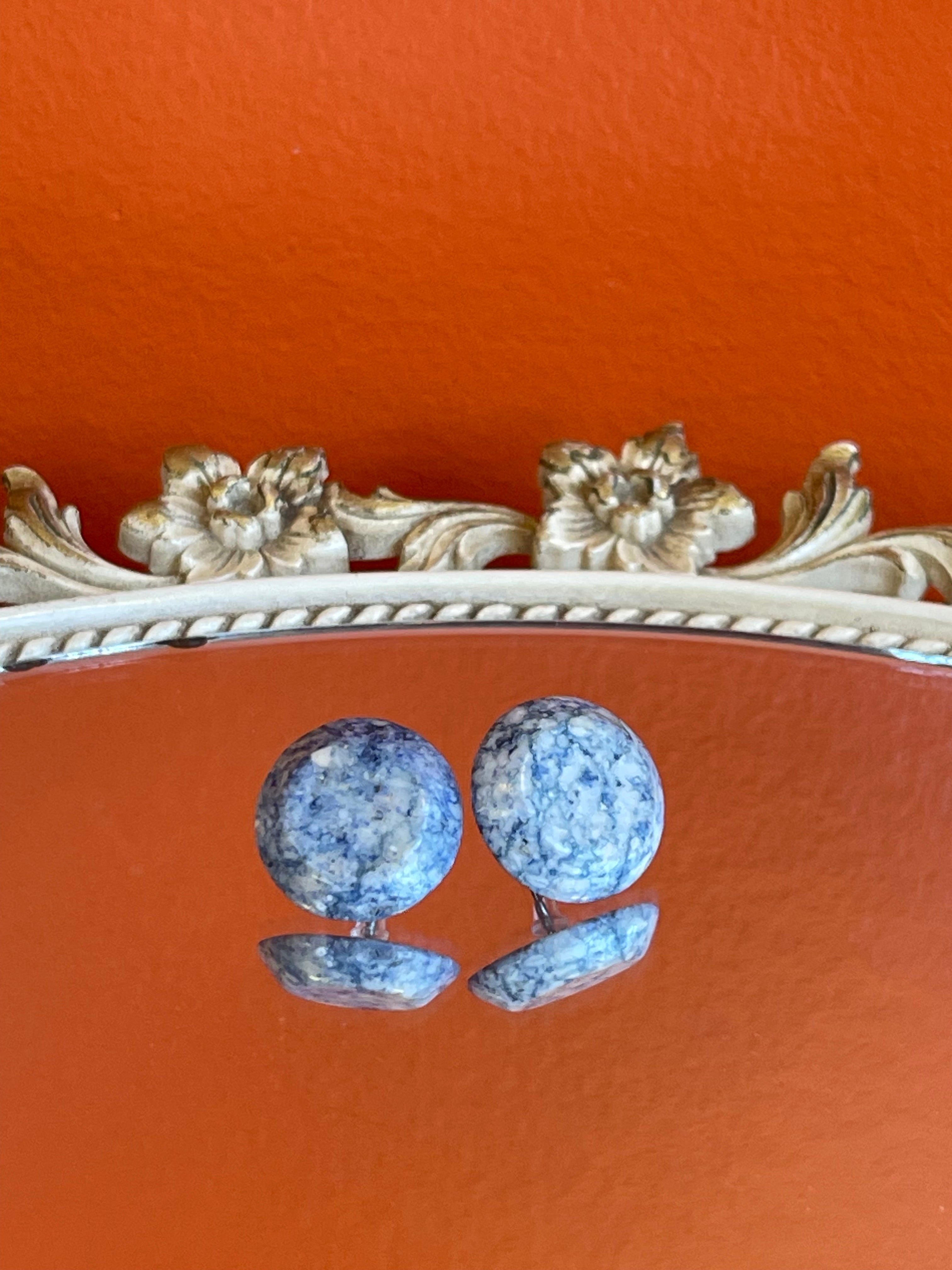Vintage Round Blue & White Marble Earrings