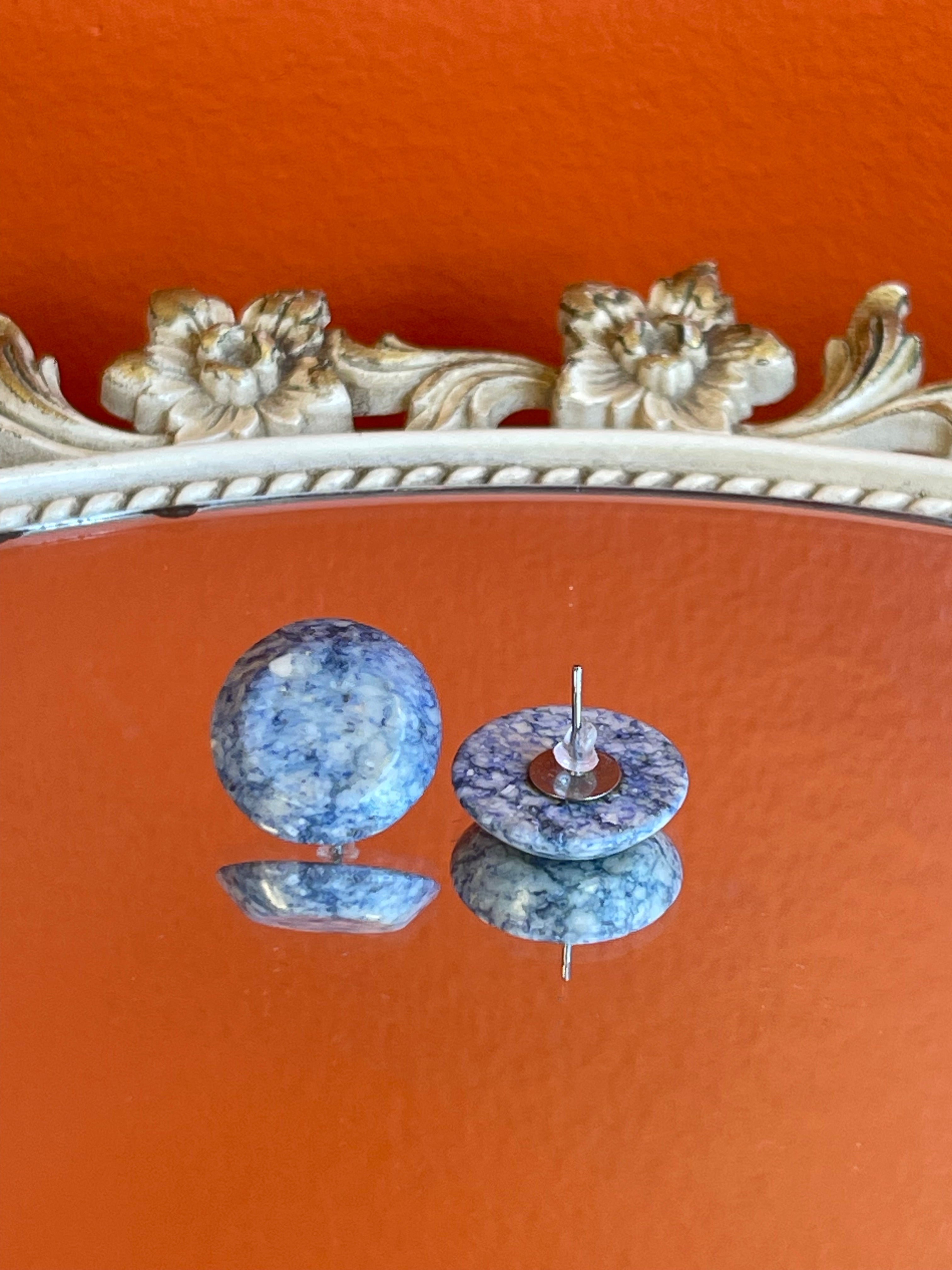 Vintage Round Blue & White Marble Earrings