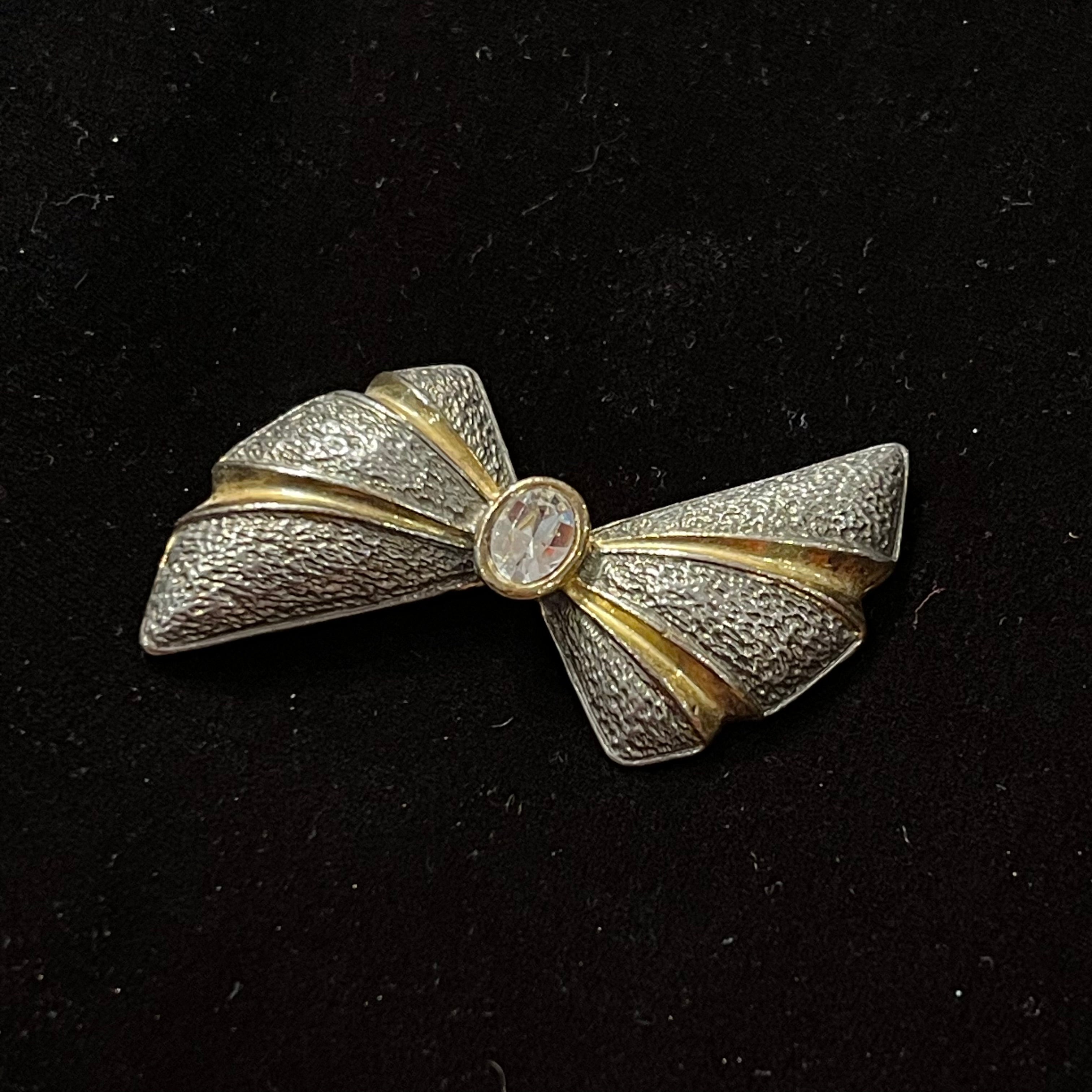 Vintage Textured Silver and Gold Bow with Rhinestone Center