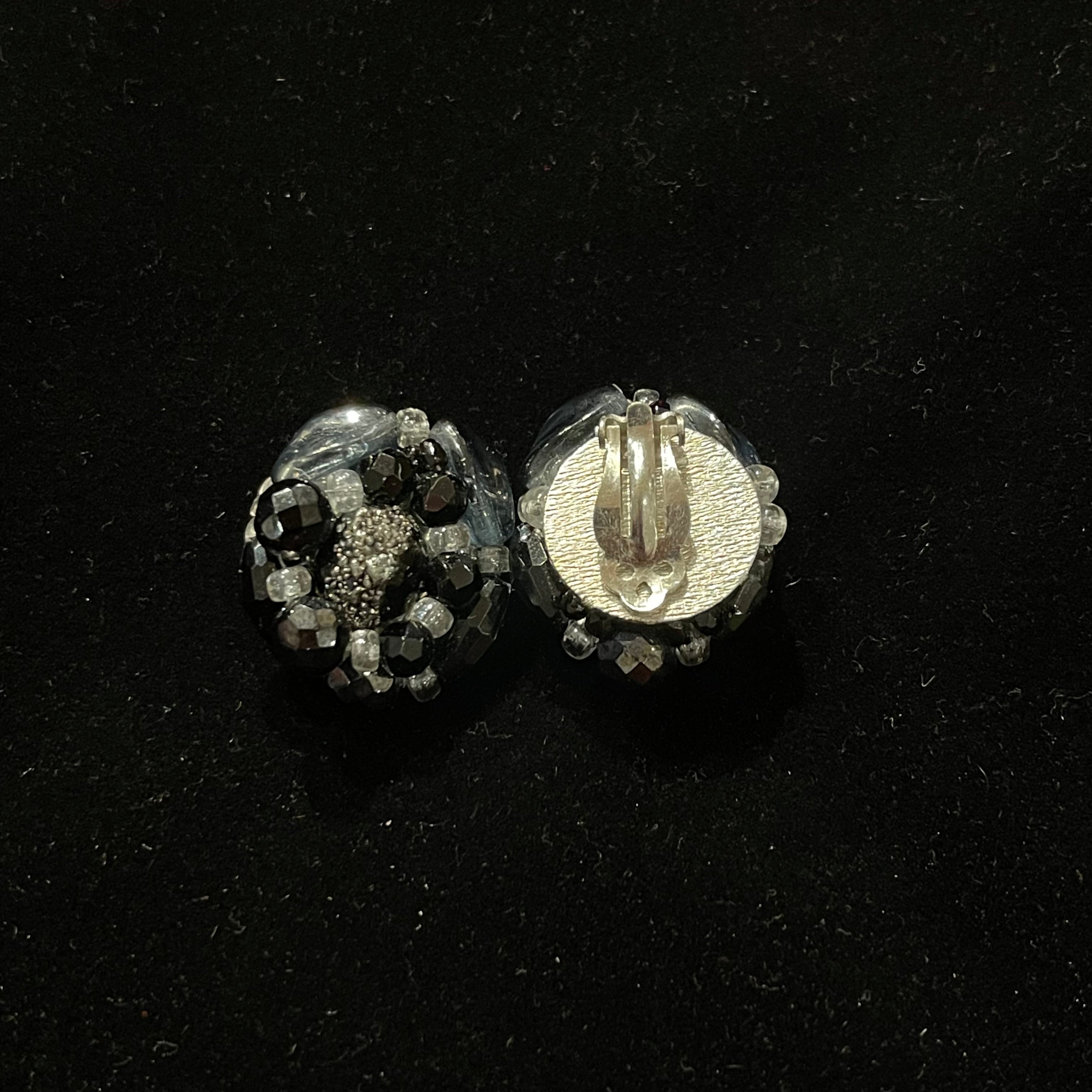 Vintage Mini Black and Silver Beaded Cluster Clip-On Earrings
