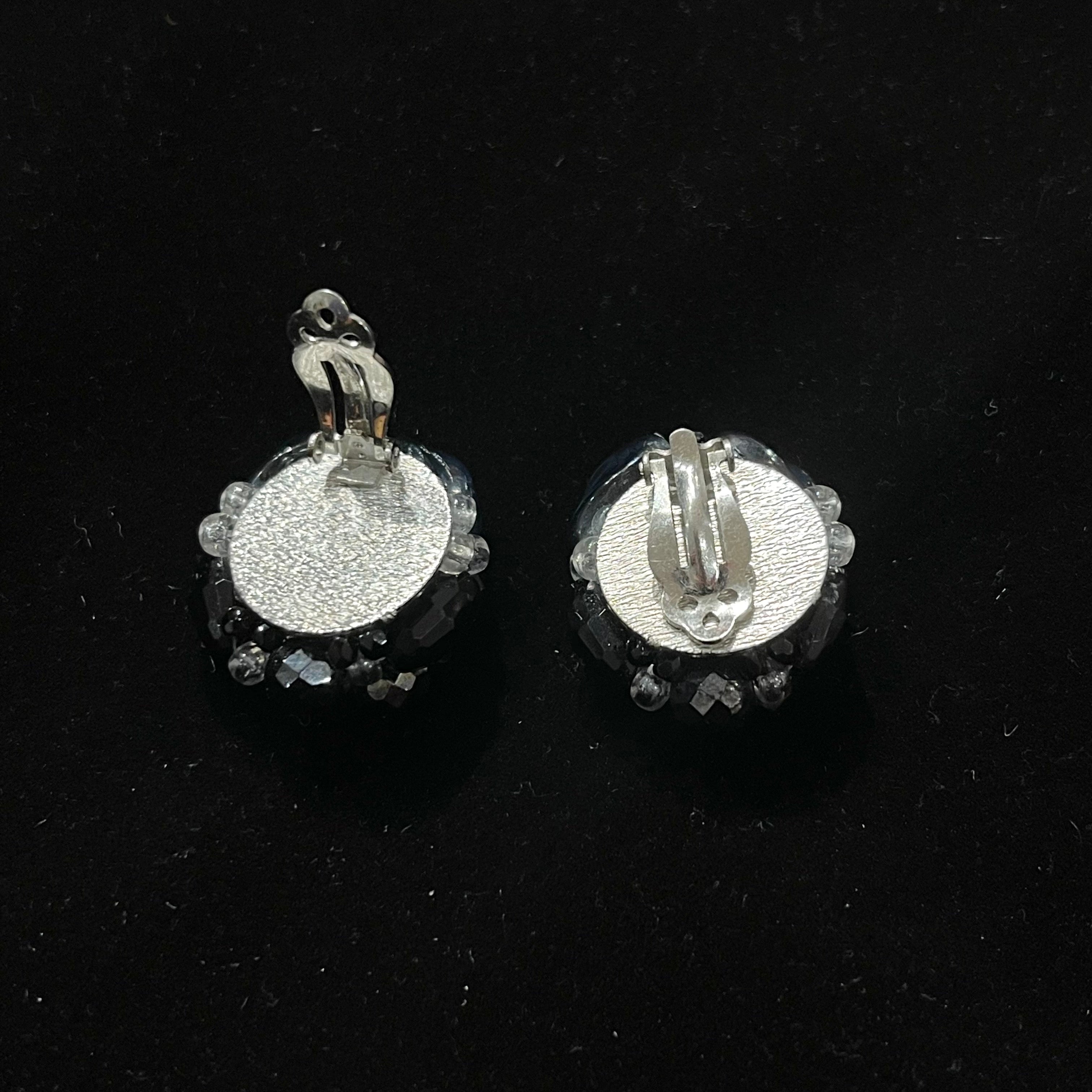 Vintage Mini Black and Silver Beaded Cluster Clip-On Earrings