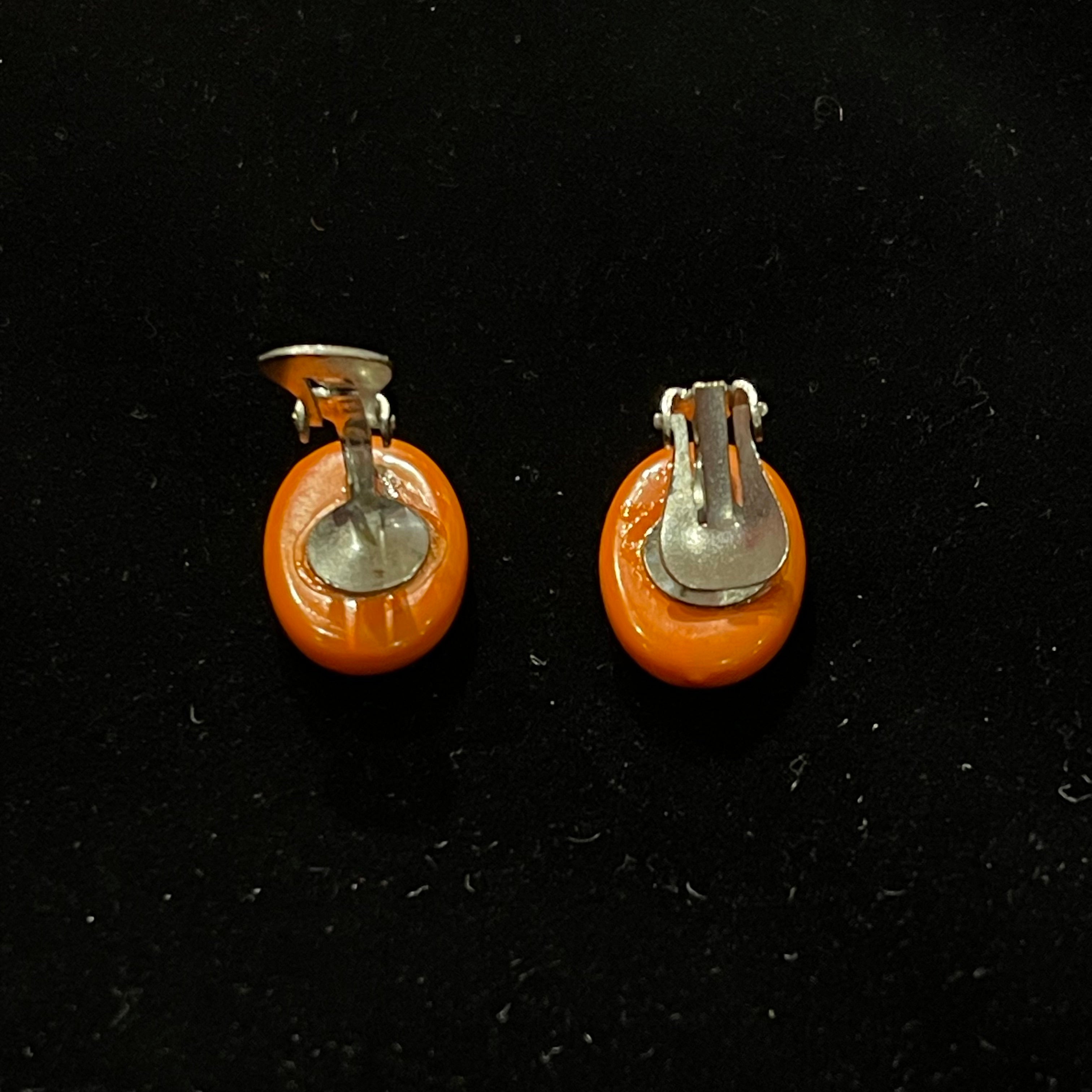 Vintage Orange Oval Clip-On Earrings