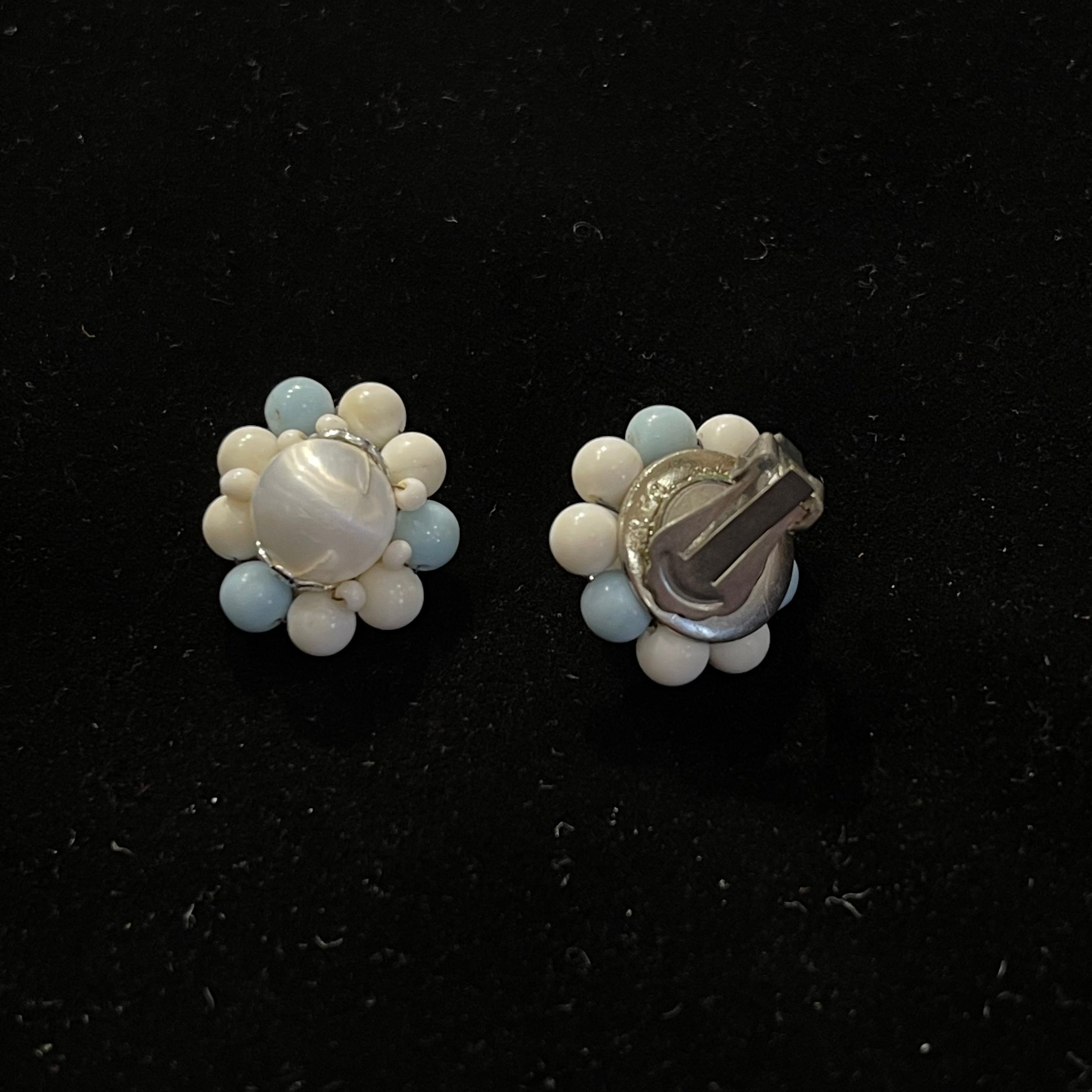 Vintage Baby Blue and White Cluster Clip-On Earrings