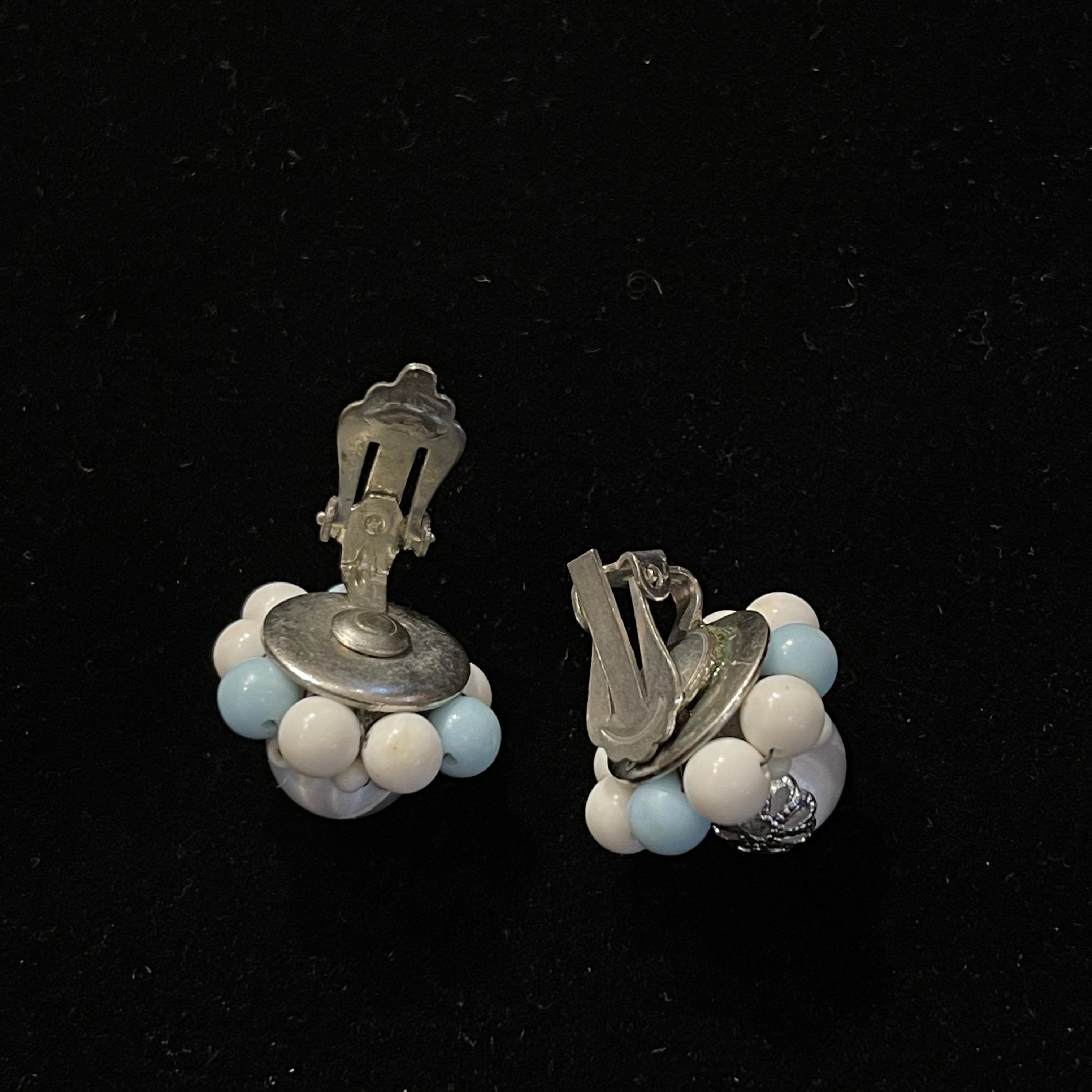 Vintage Baby Blue and White Cluster Clip-On Earrings