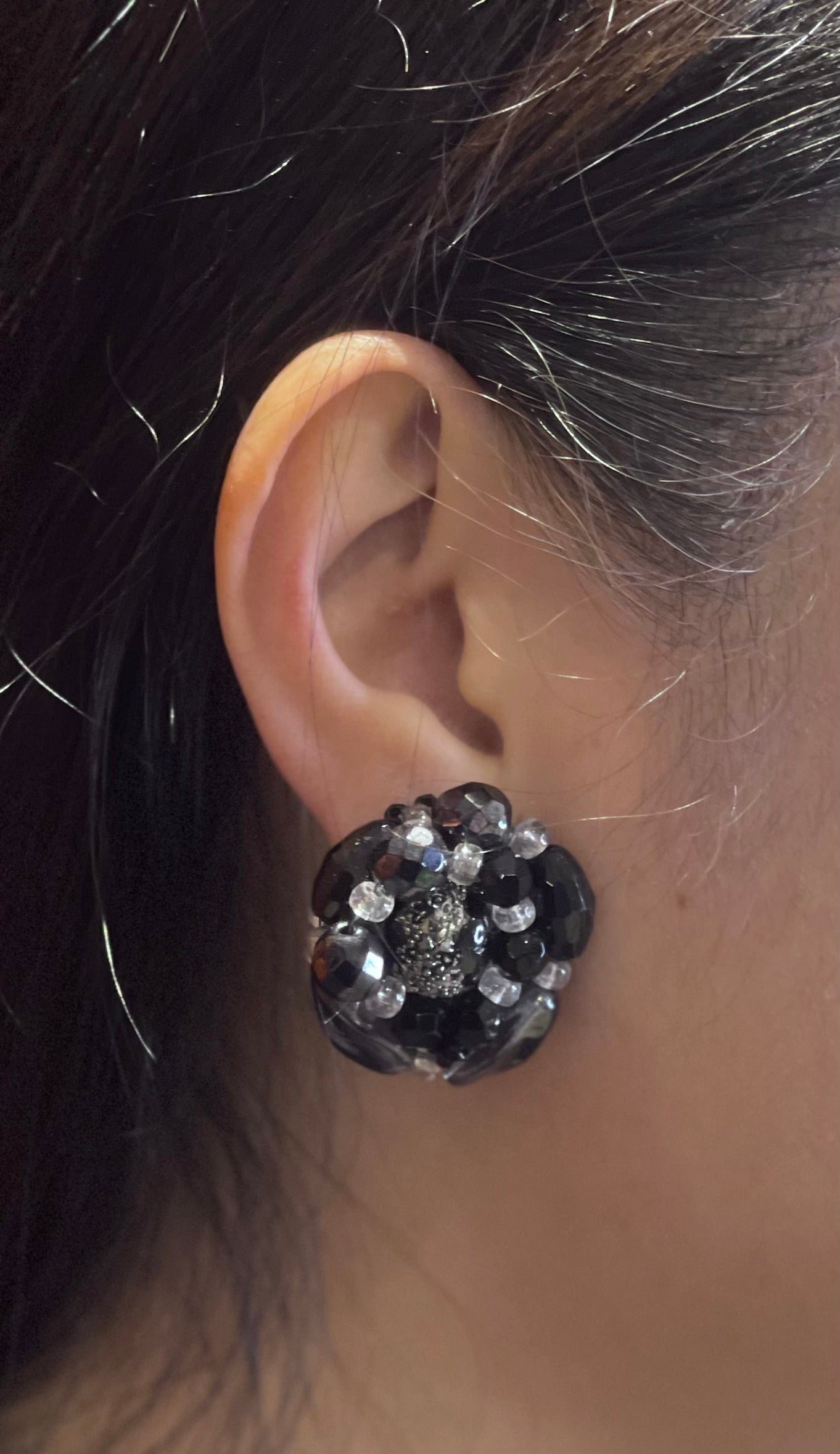Vintage Mini Black and Silver Beaded Cluster Clip-On Earrings