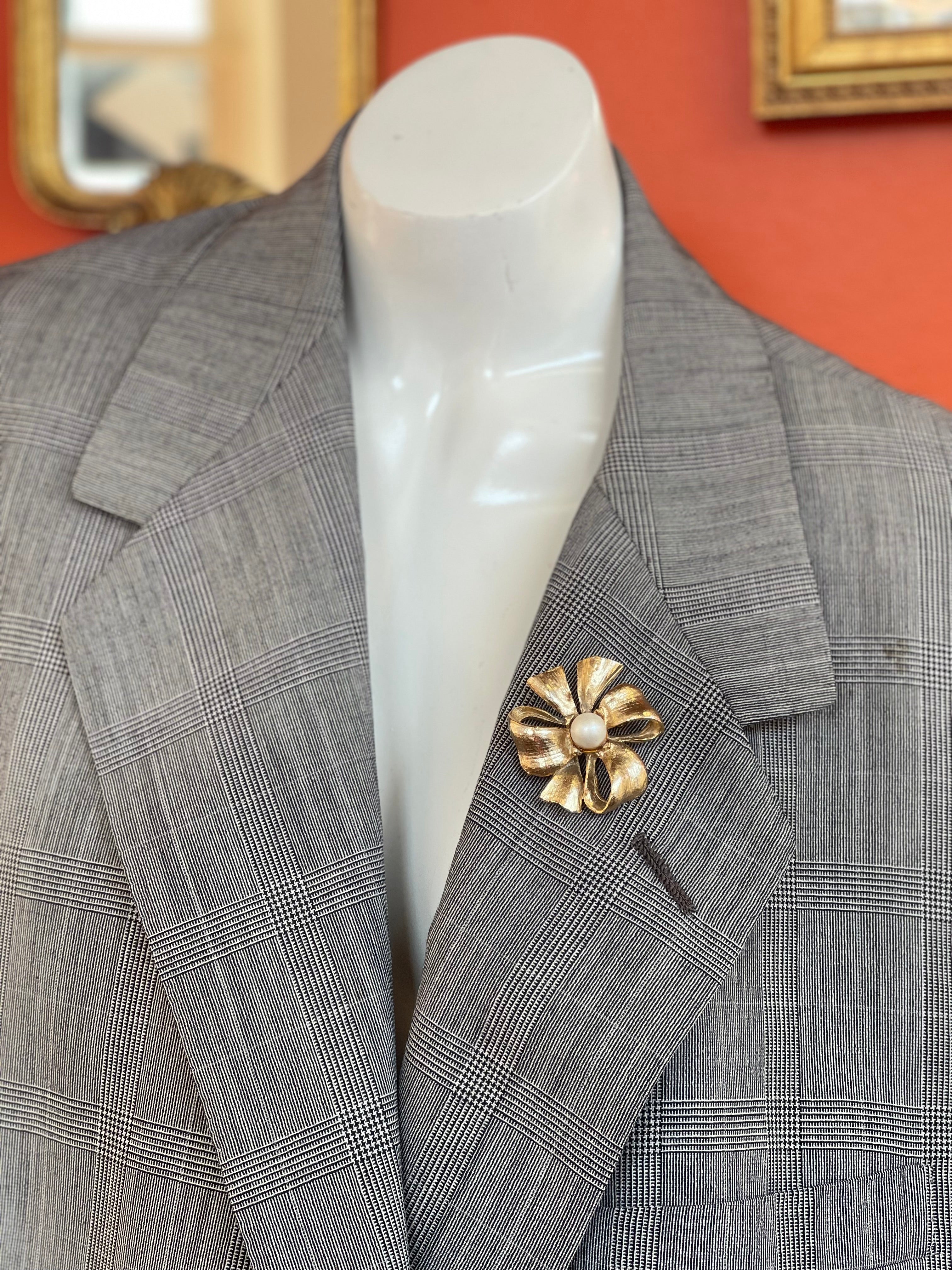 Vintage Iridescent Bow Brooch with Pearl Centerpiece