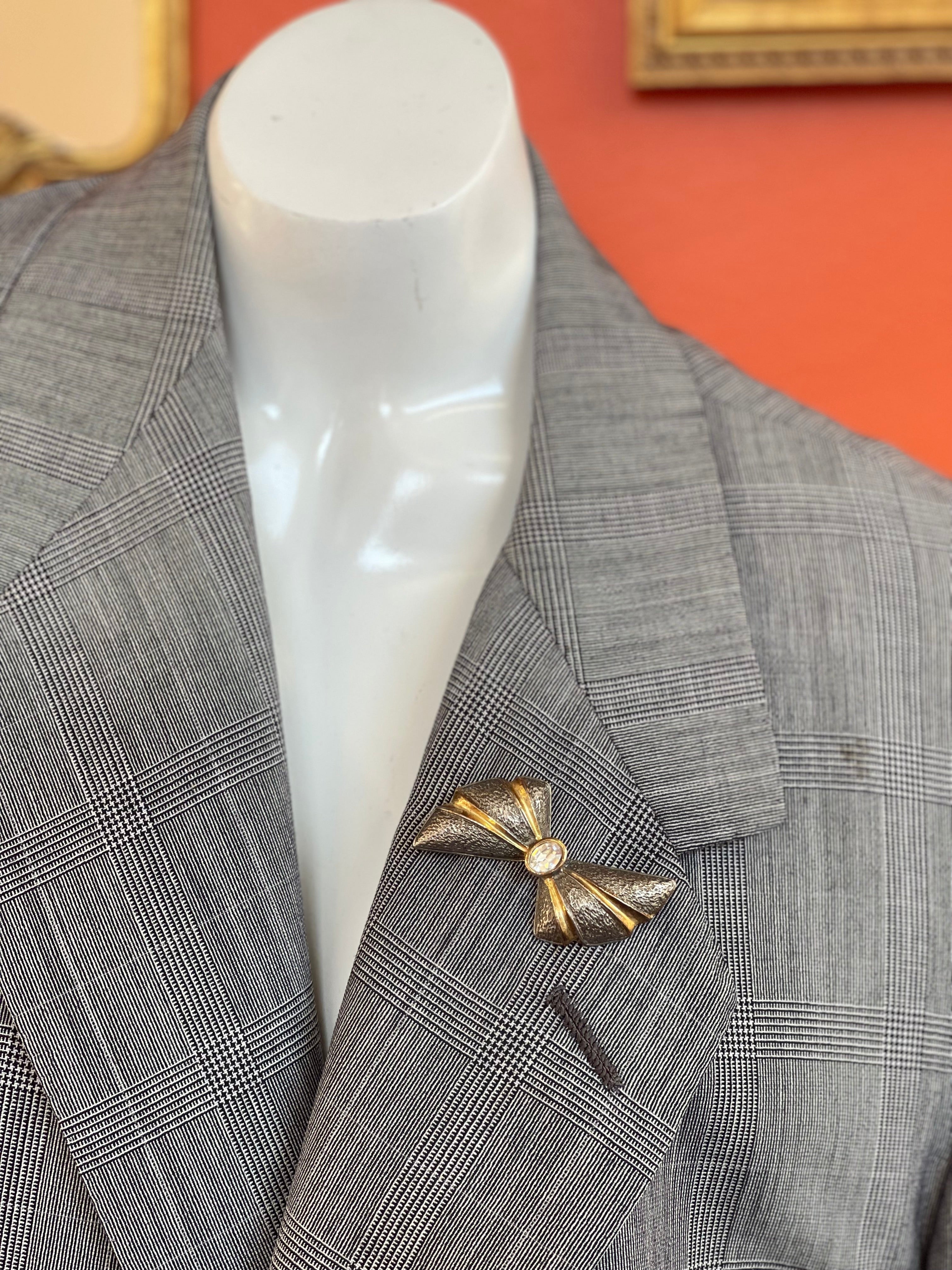 Vintage Textured Silver and Gold Bow with Rhinestone Center