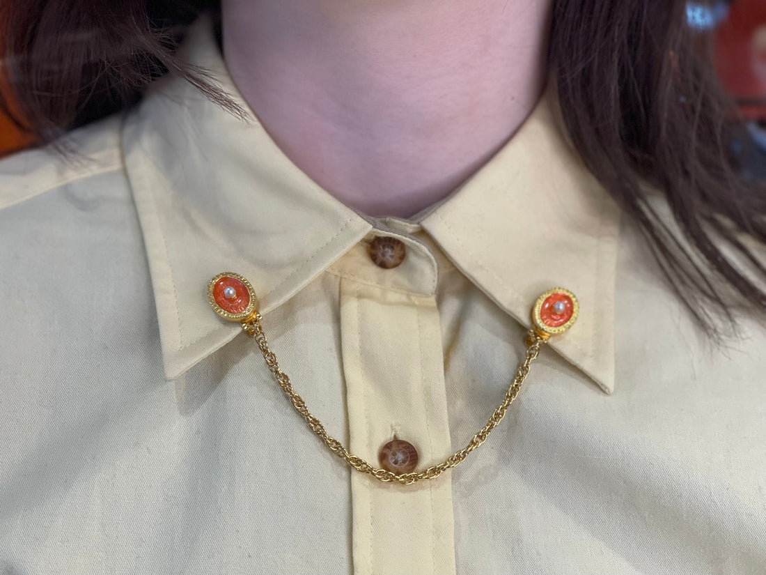 Vintage Orange Oval Sweater Clip with Pearl Center