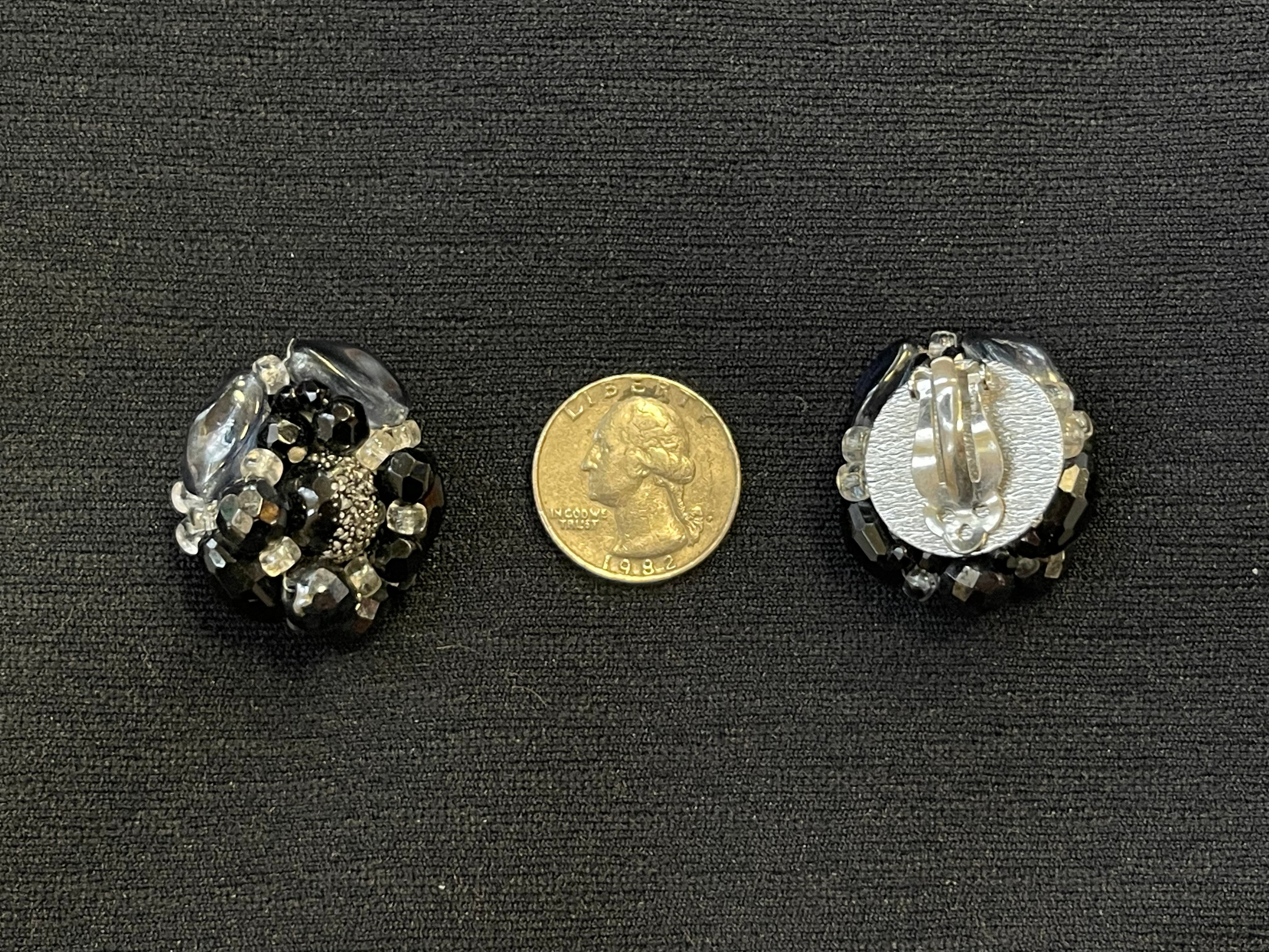 Vintage Mini Black and Silver Beaded Cluster Clip-On Earrings