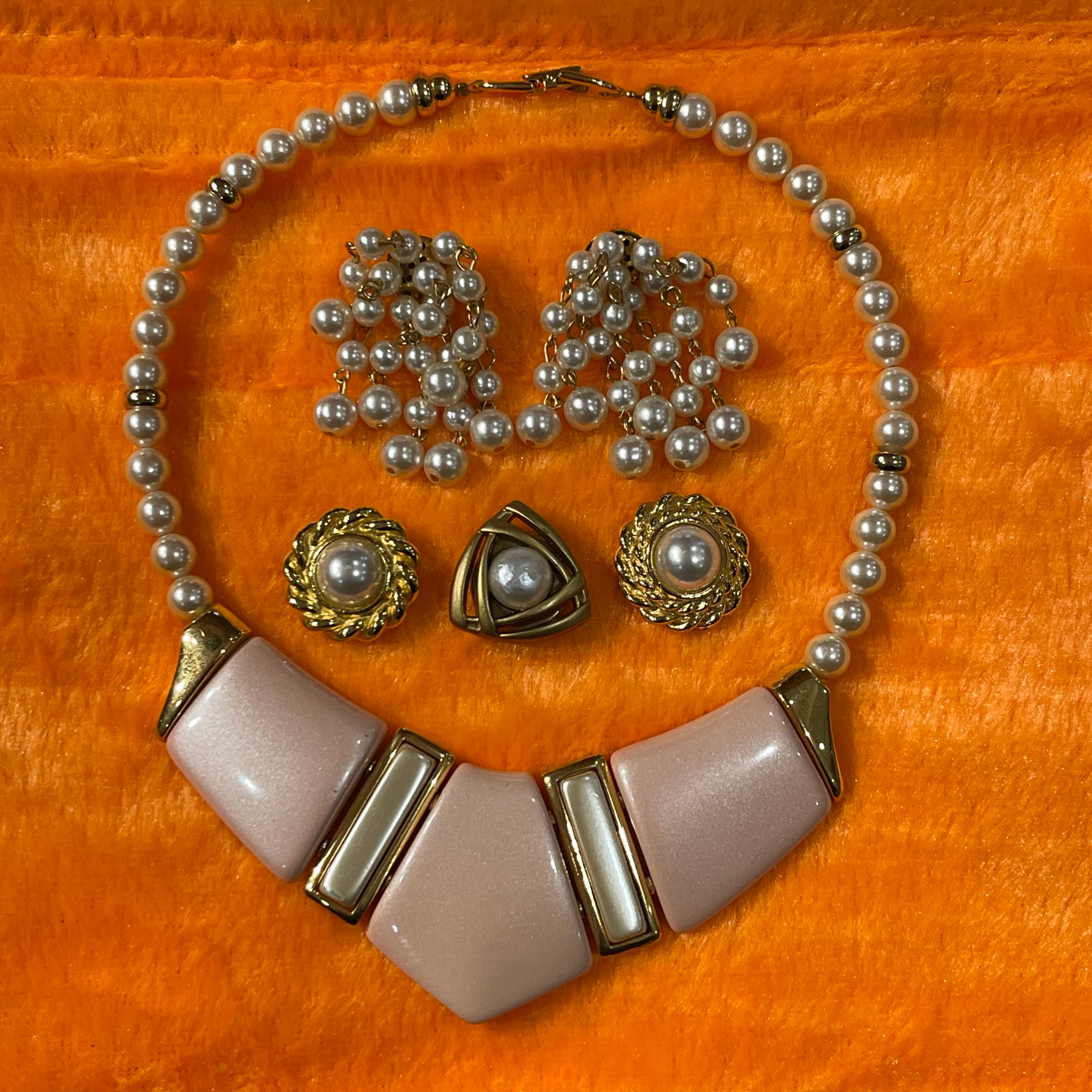 Vintage Elegant Necklace, Pearl Earrings & Button Cover Set