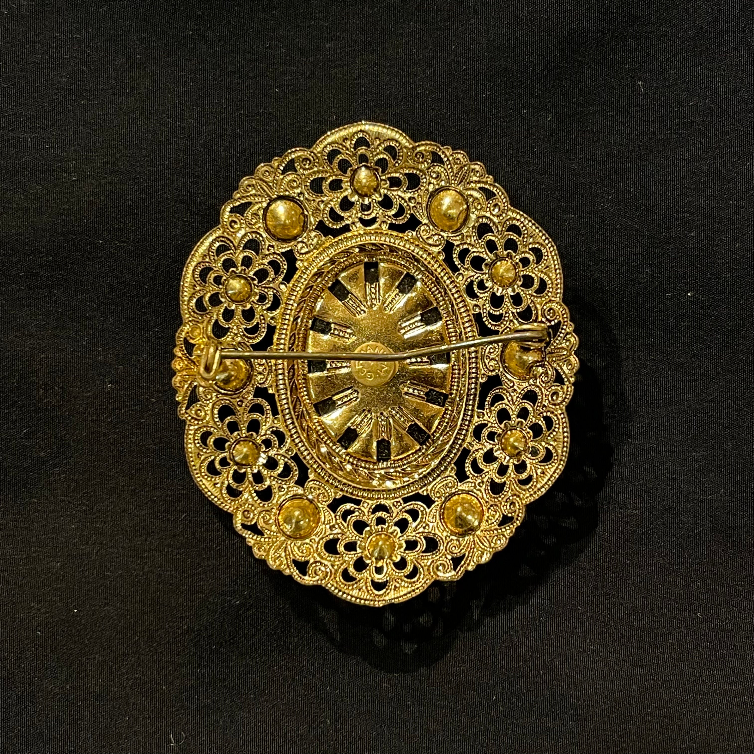 Ornate Vintage Gold and Black Oval Cameo Brooch