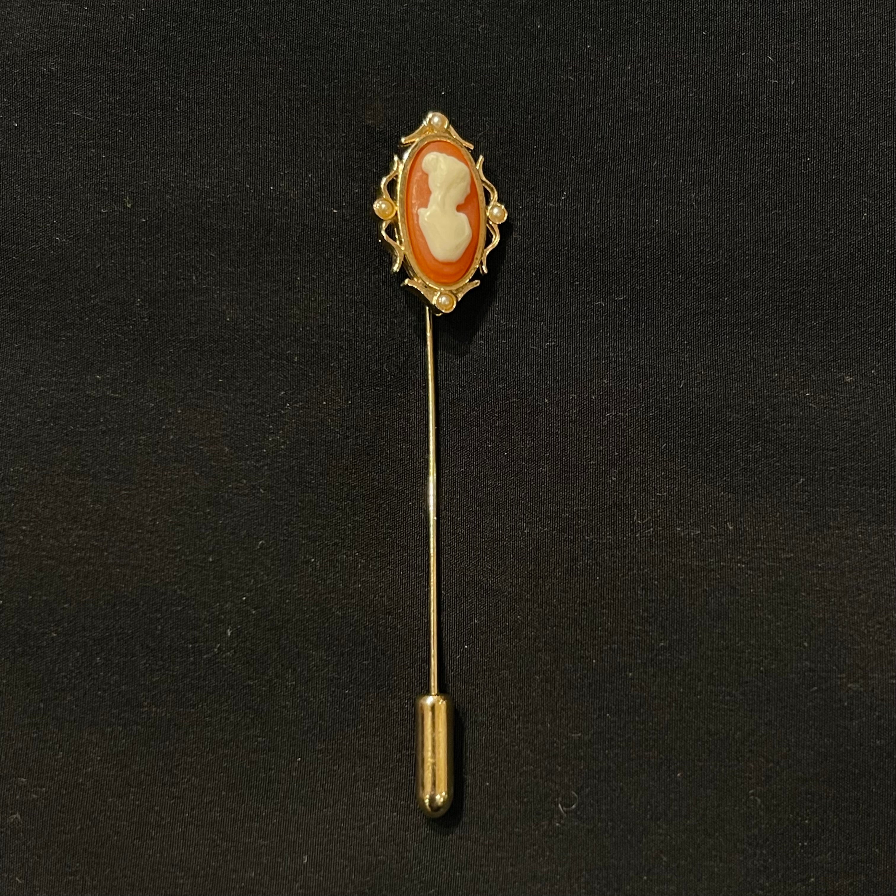 Narrow Short Burnt Orange & White Vintage Cameo Stick Pin