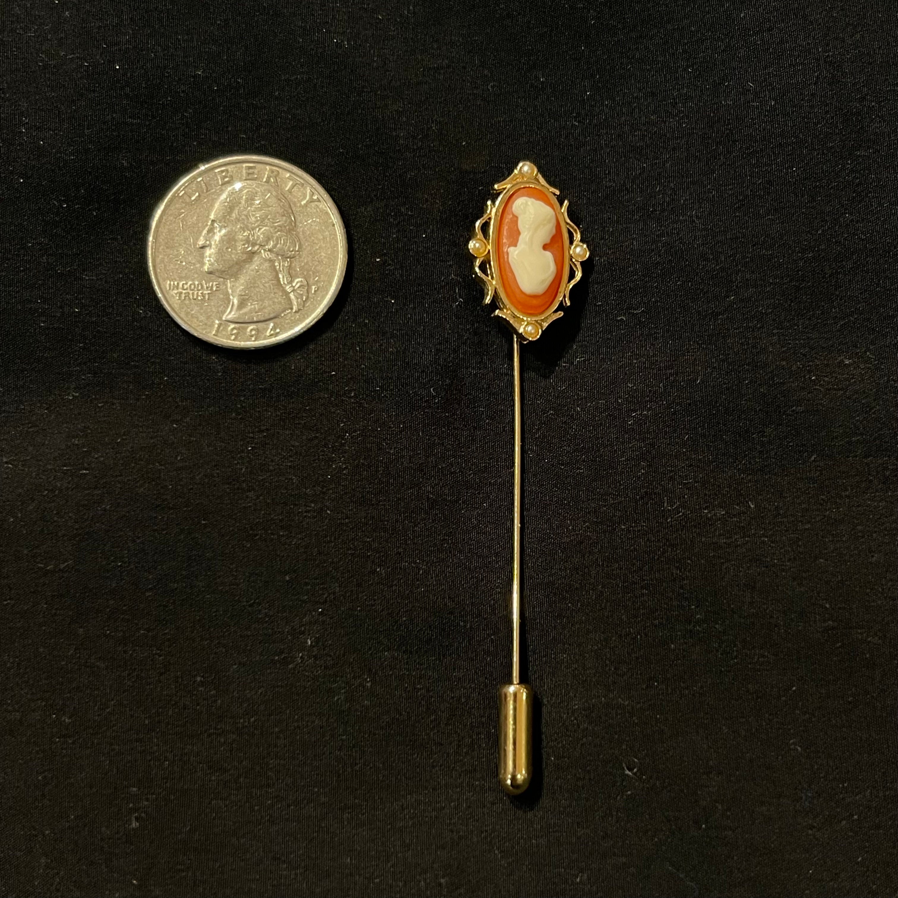 Narrow Short Burnt Orange & White Vintage Cameo Stick Pin