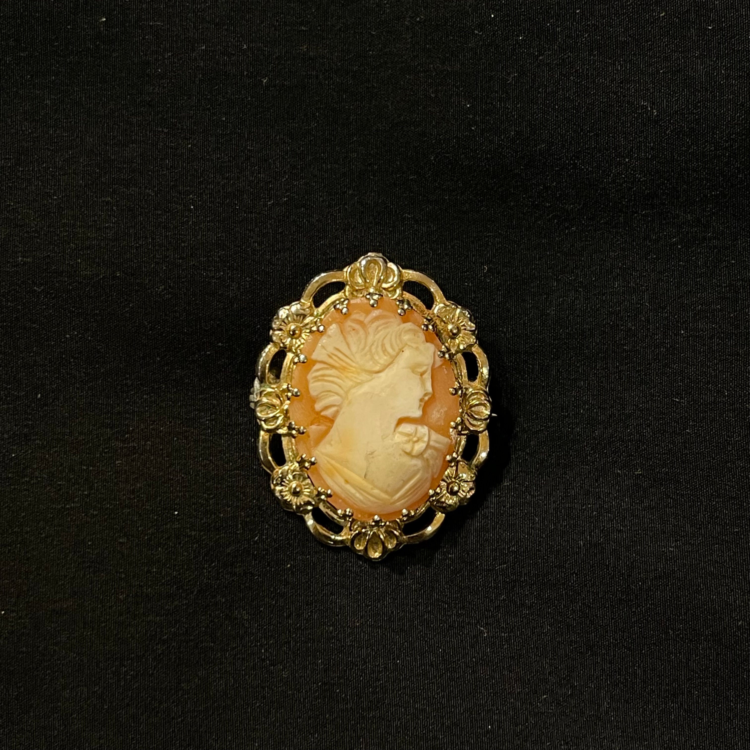 Ornate Vintage Burnt Orange & White Oval Cameo Mini Brooch with Gold Trim