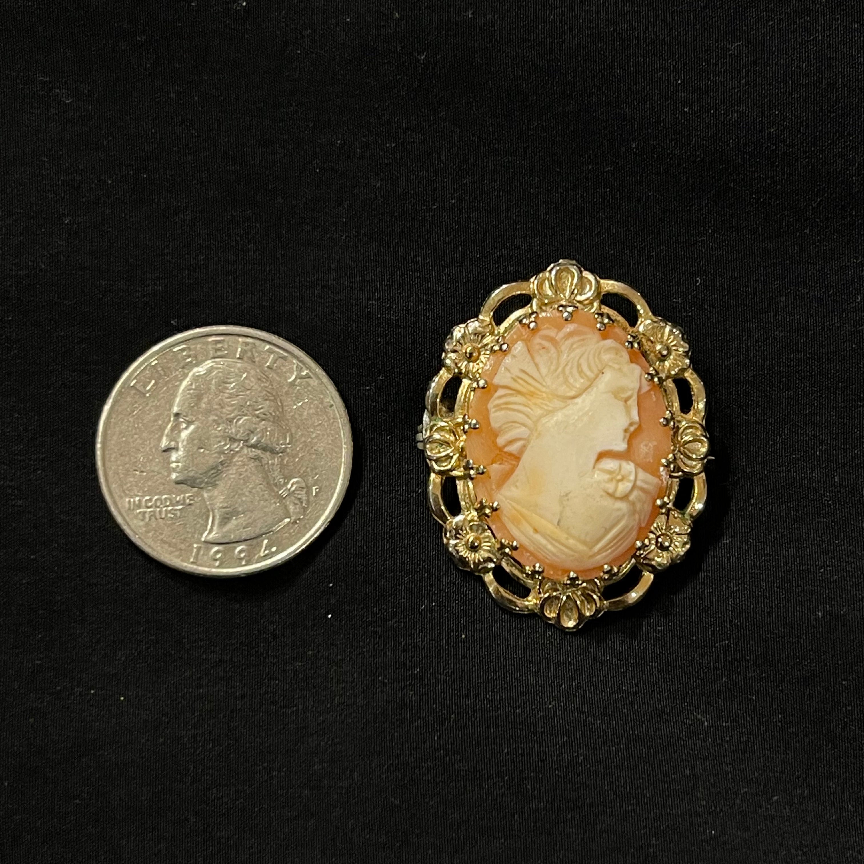 Ornate Vintage Burnt Orange & White Oval Cameo Mini Brooch with Gold Trim