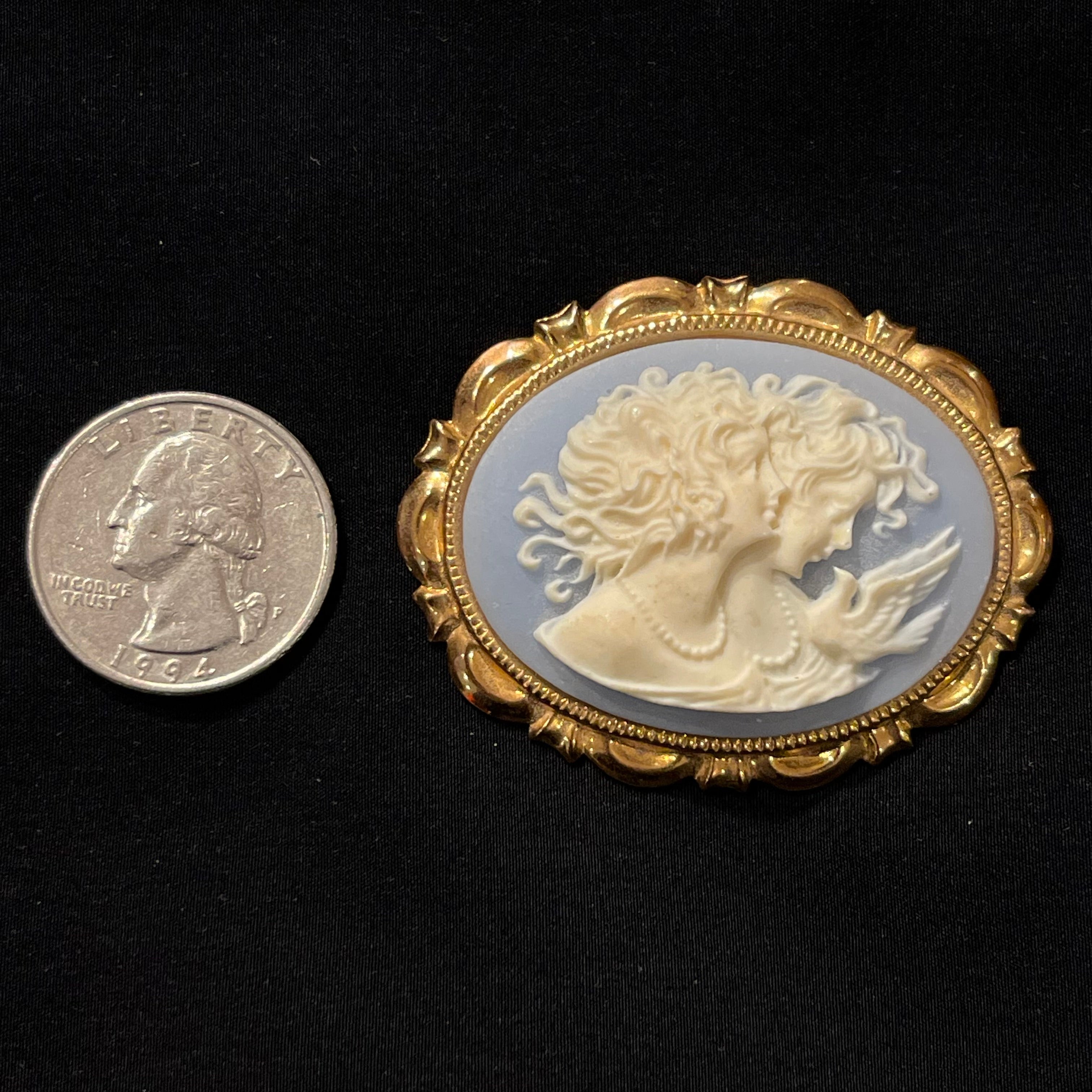 Blue and White Vintage Oval Cameo Brooch with Gold Trim