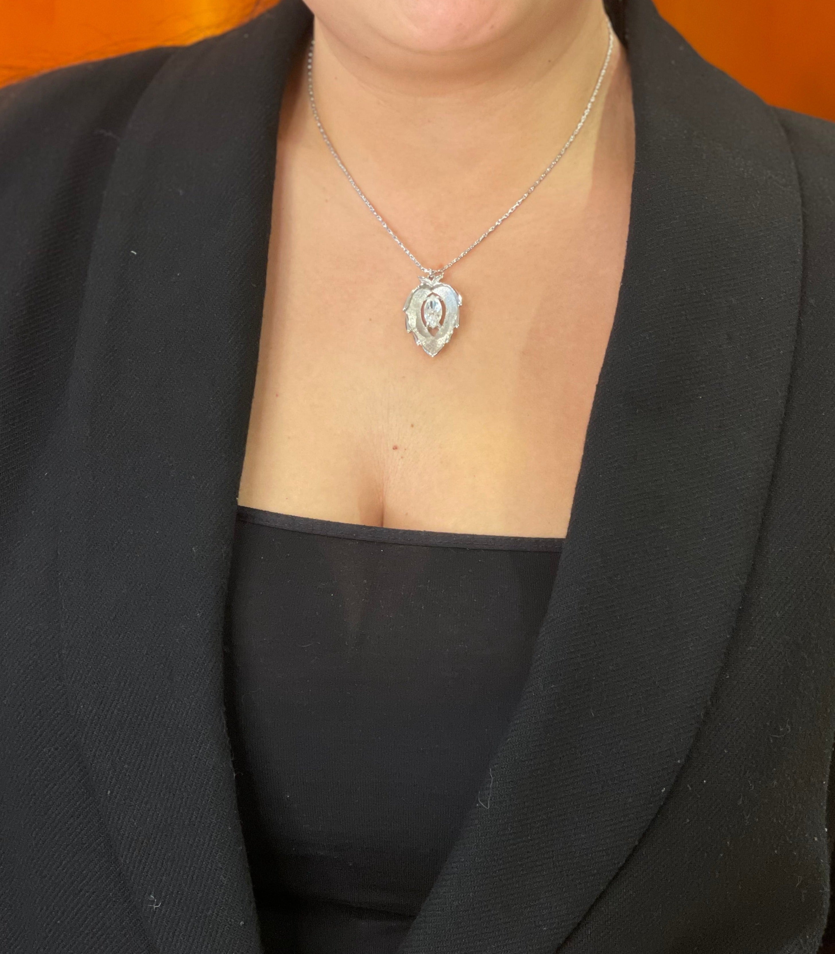Sarah Coventry Silver Leaf Teardrop Marquis Stone Vintage Necklace