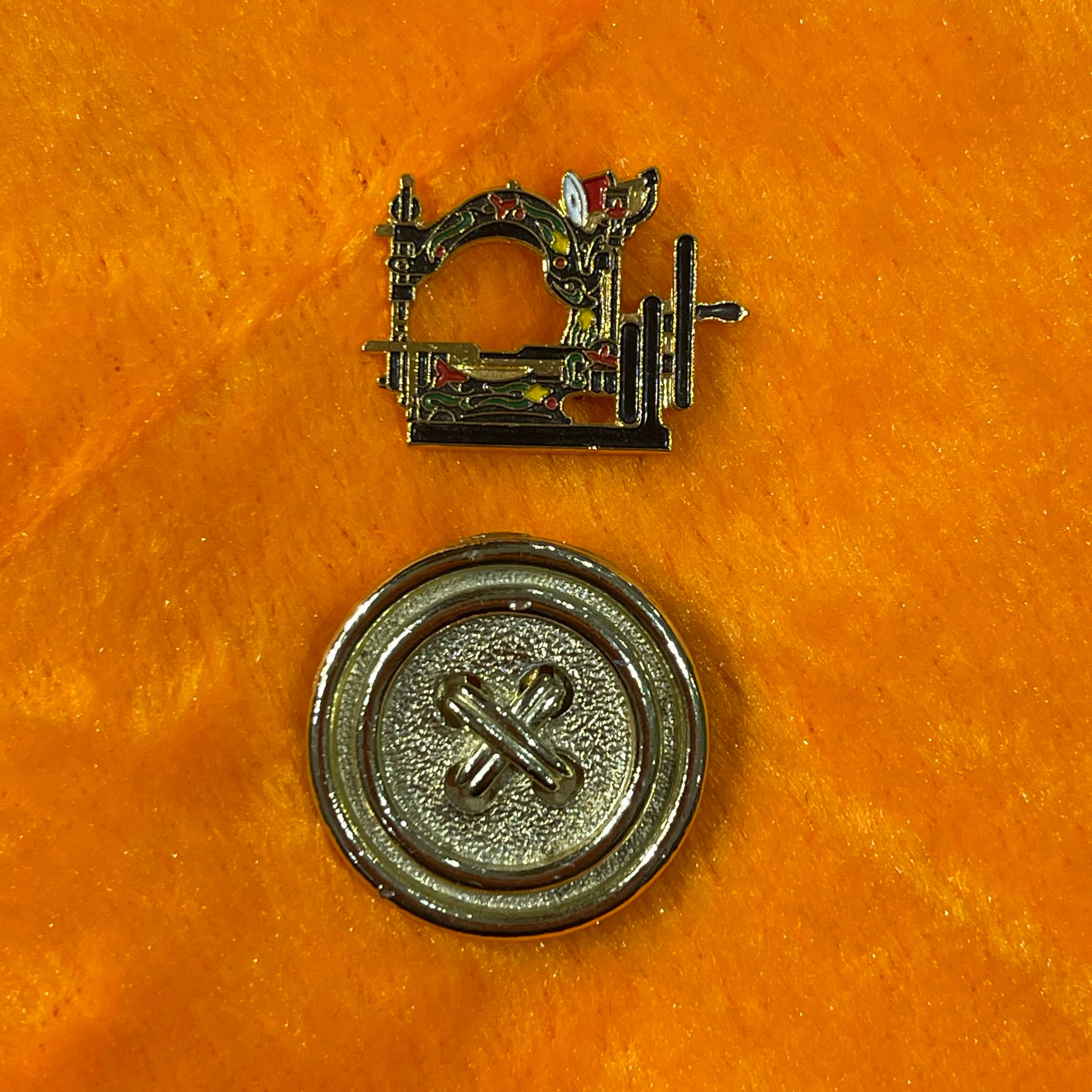 Vintage Sewing Machine Clotilde Brooch & Button Scarf Guard Set