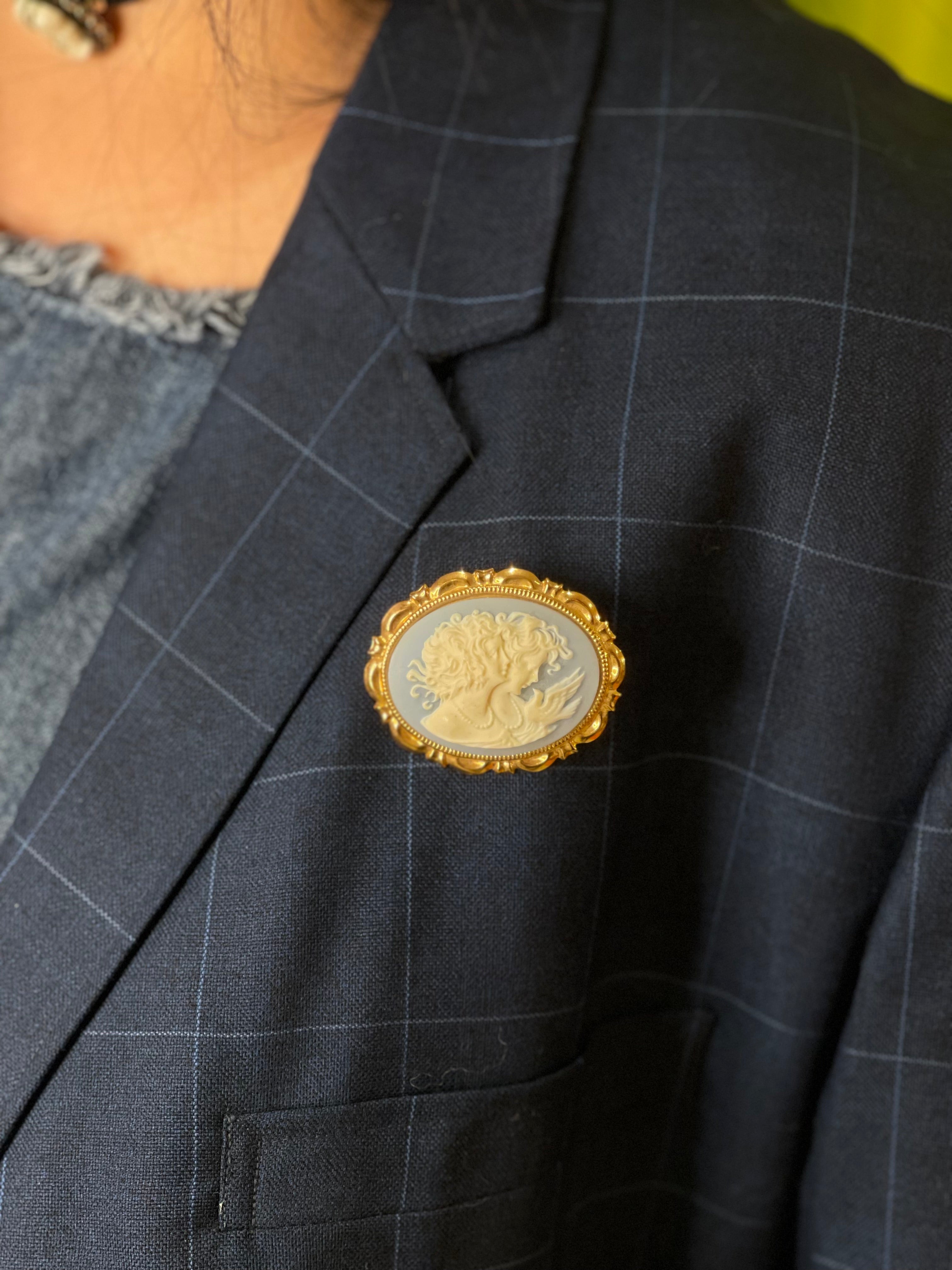 Blue and White Vintage Oval Cameo Brooch with Gold Trim