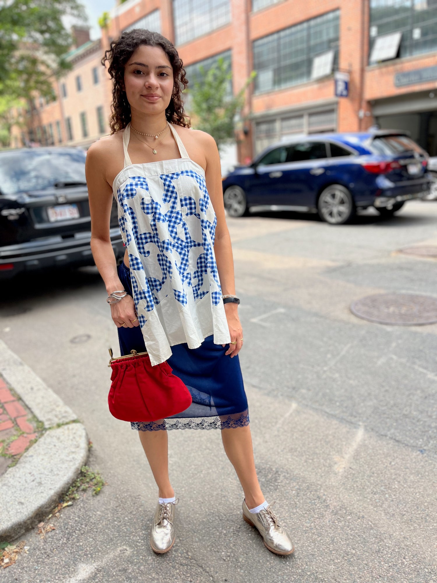 Vintage Upcycled Top - Blue and White Gingham Elsie Size Medium