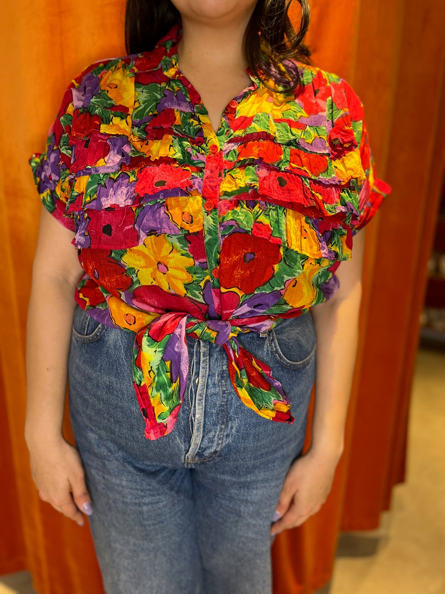 Vintage Mademoiselle Floral Ruffled Tie Front Top Size Large