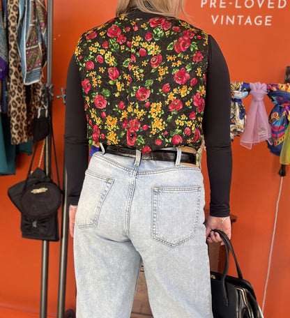 Vintage Mode de Paris Black Multicolor Floral Sleeveless Top Size Medium