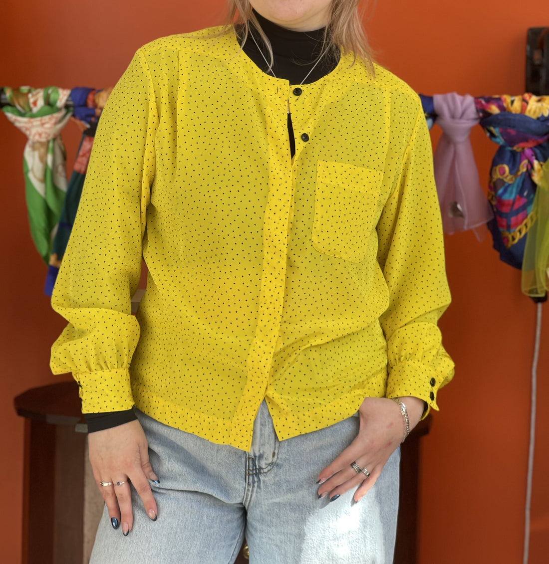 Vintage Liz Claiborne Yellow &amp; Black Polkadot Collarless Blouse Size Medium