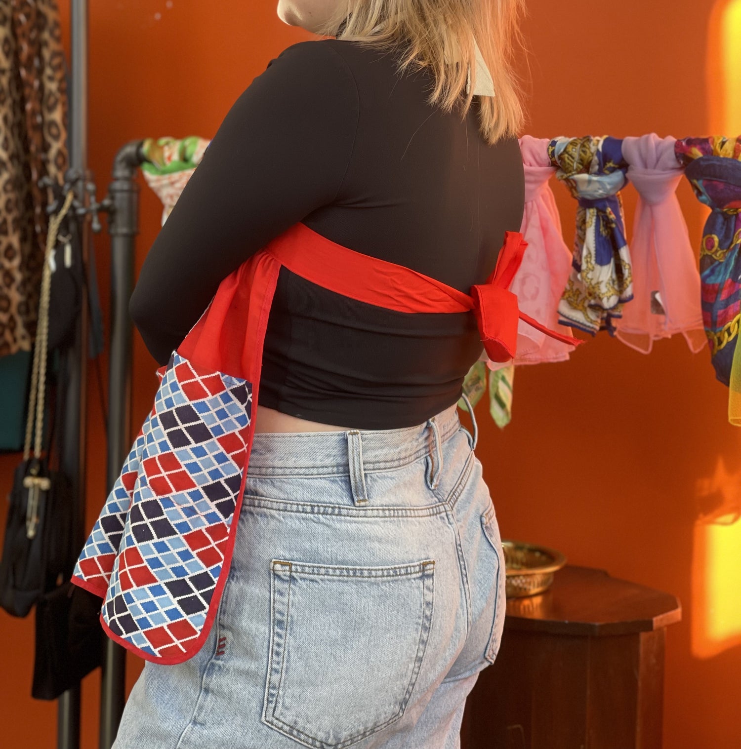 Upcycled Vintage Top - Geometric Blue and Red Elsie Size Large