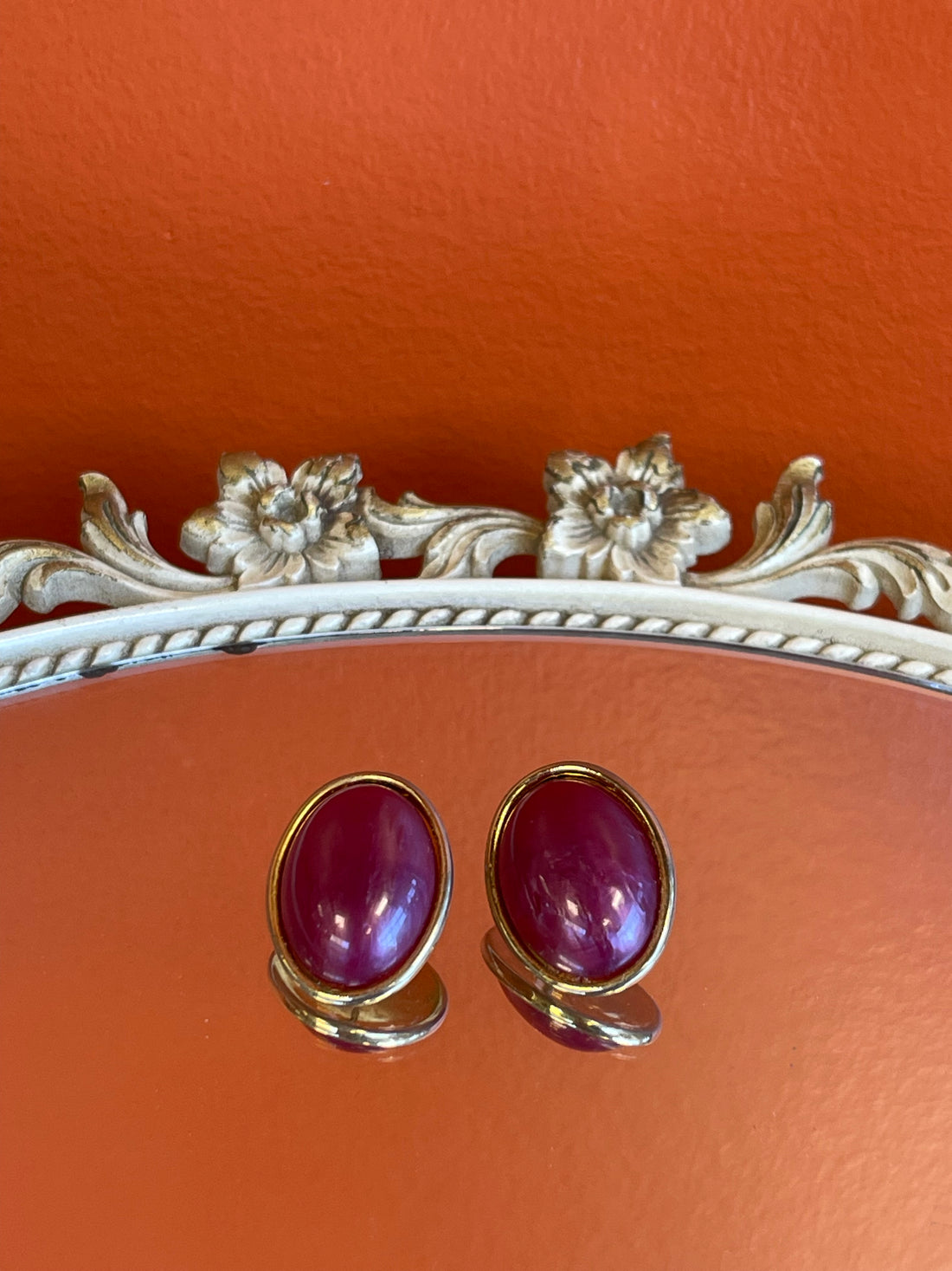 Vintage Gold and Magenta Oval Earrings