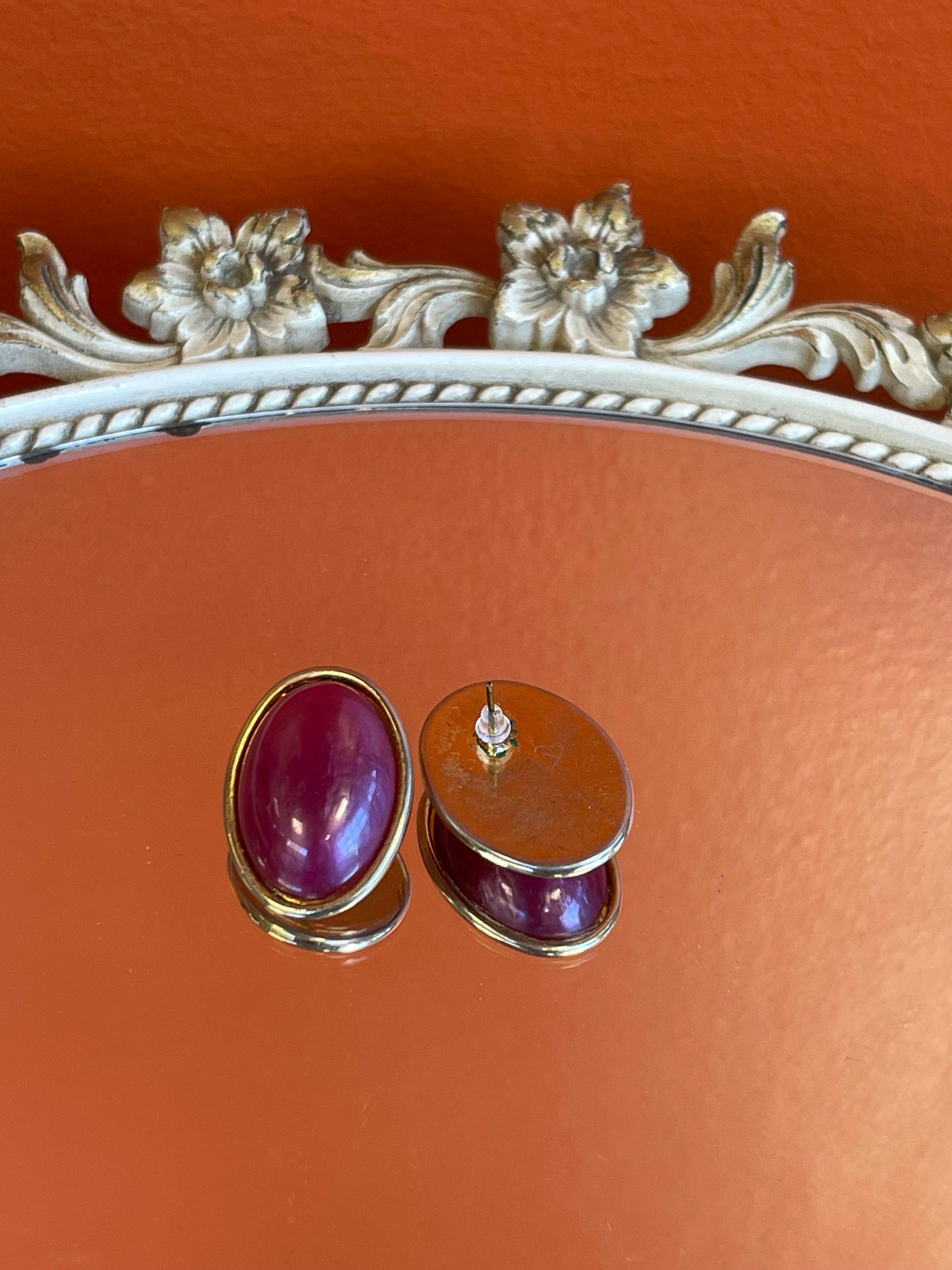 Vintage Gold and Magenta Oval Earrings