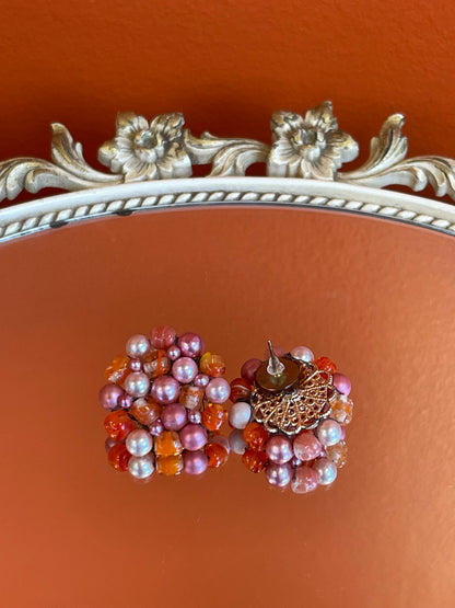 Vintage Pink Cluster Round Earrings