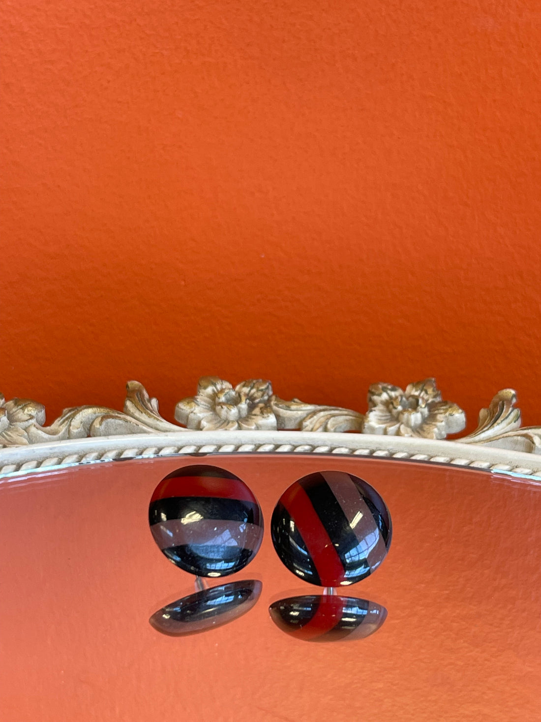 Vintage Brown and Red Striped Button Earrings