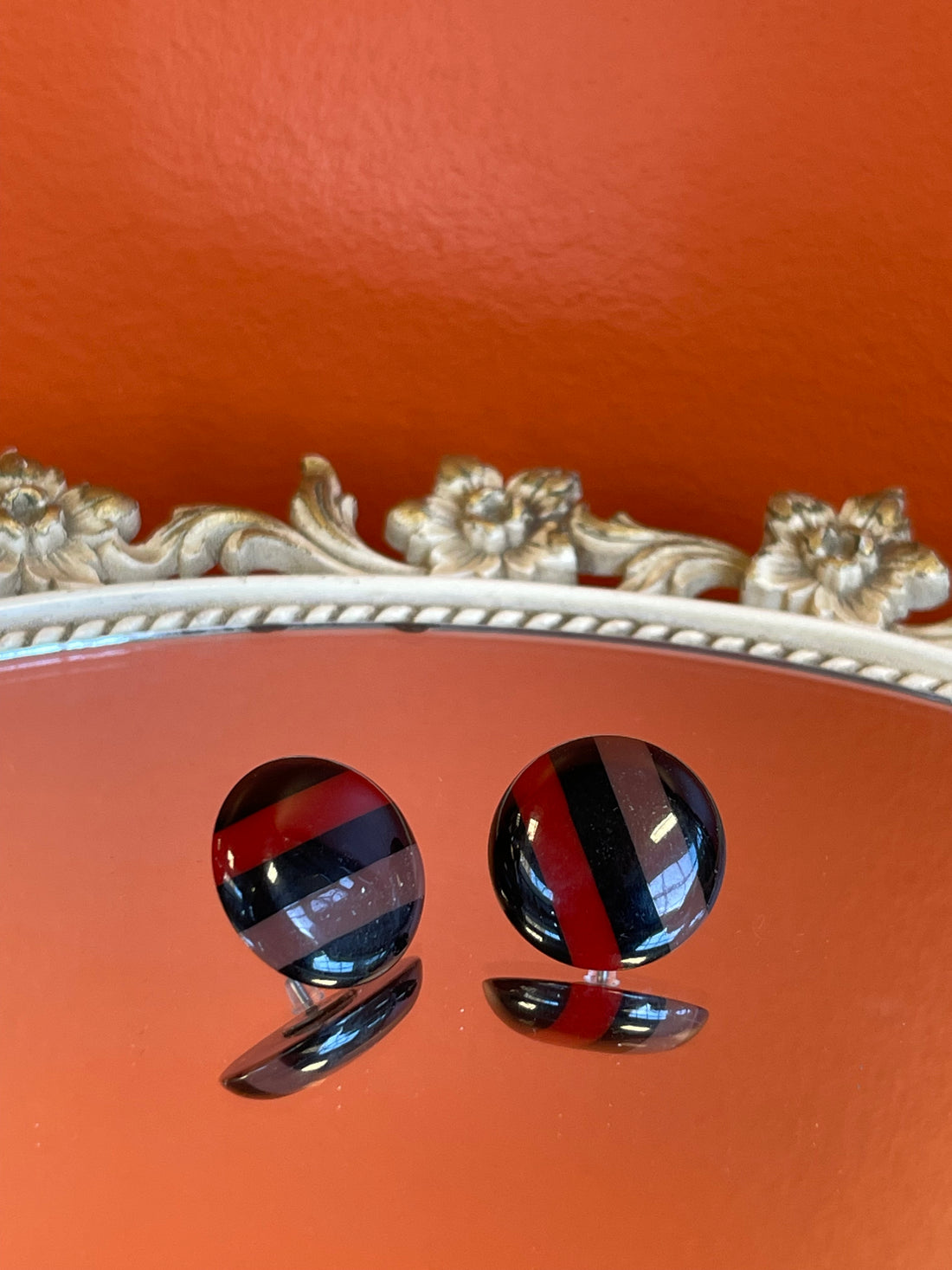 Vintage Brown and Red Striped Button Earrings