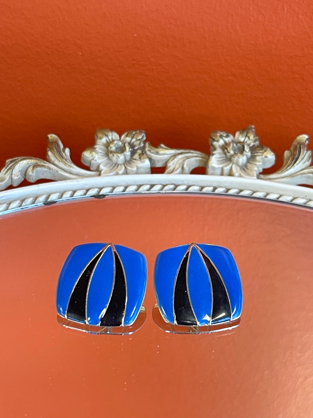 Vintage Blue and Black Square Enamel Earrings