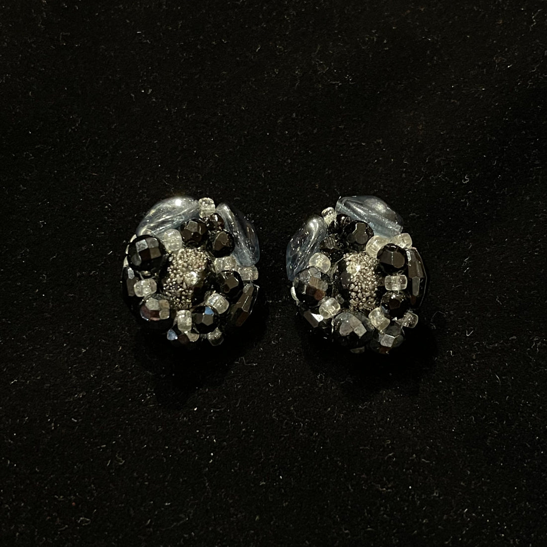 Vintage Mini Black and Silver Beaded Cluster Clip-On Earrings