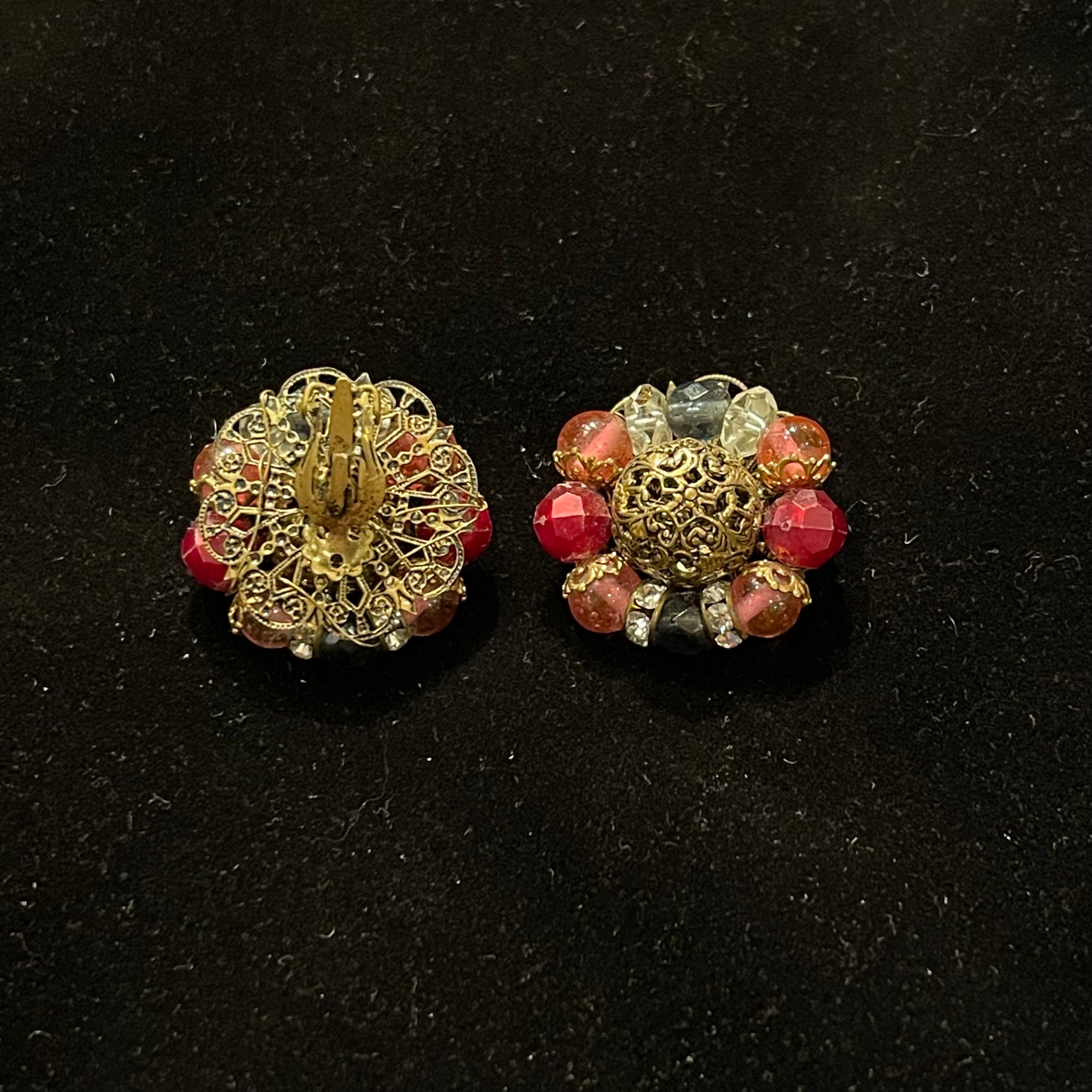 Vintage Ornate Gold with Coral and Red Beading Cluster Clip-On Earrings