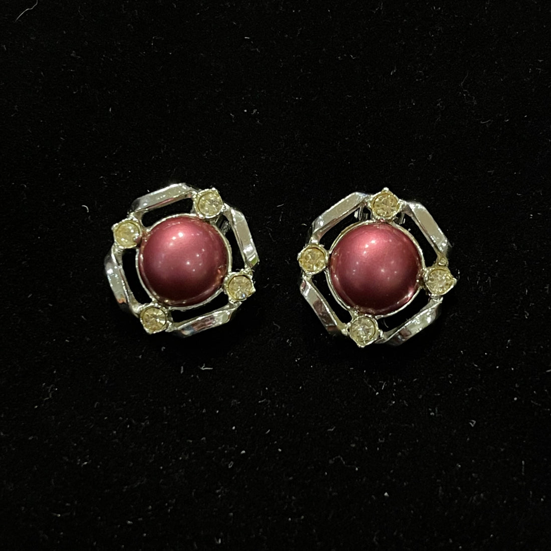 Vintage Silver and Rhinestone with Burgundy Center Clip-On Earrings
