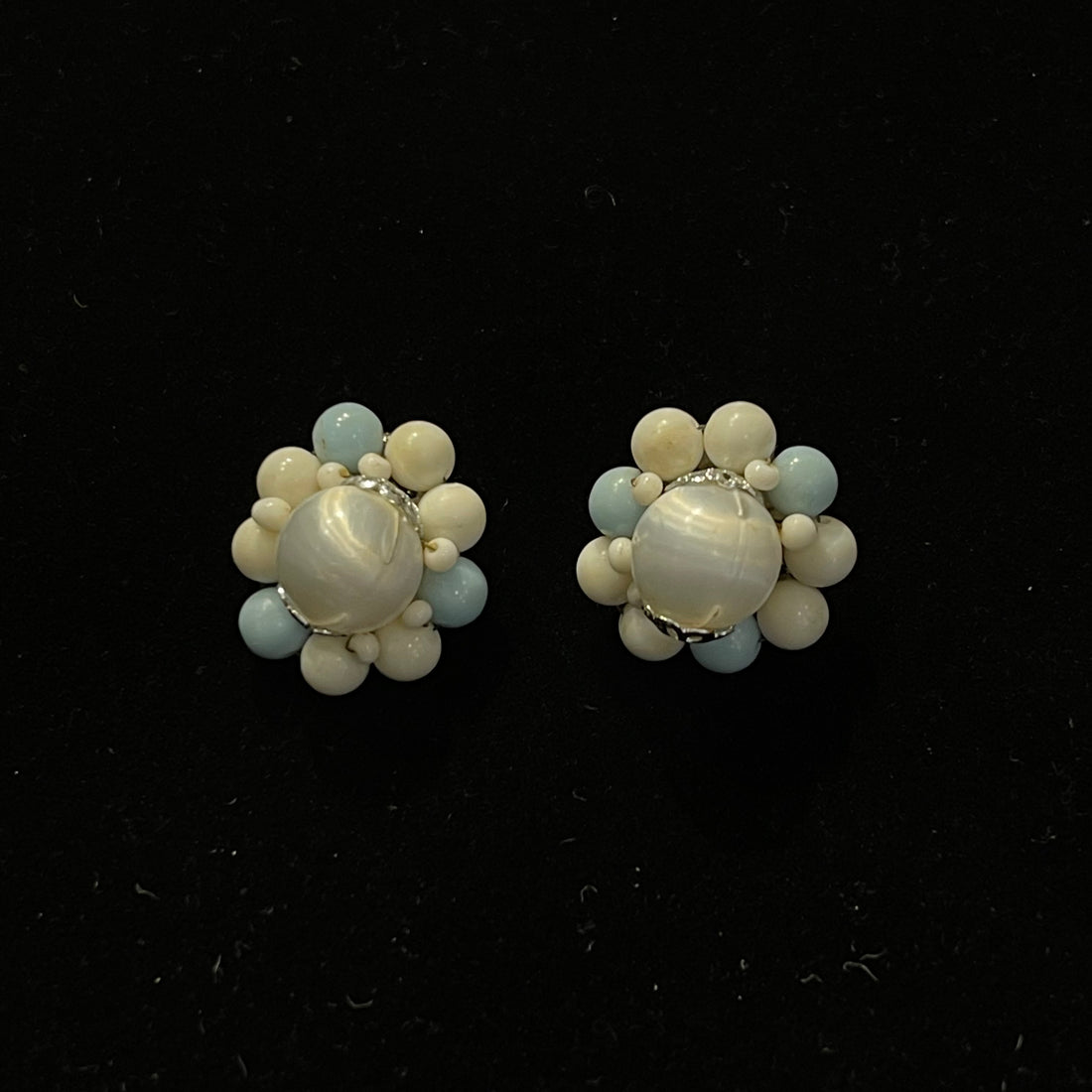 Vintage Baby Blue and White Cluster Clip-On Earrings