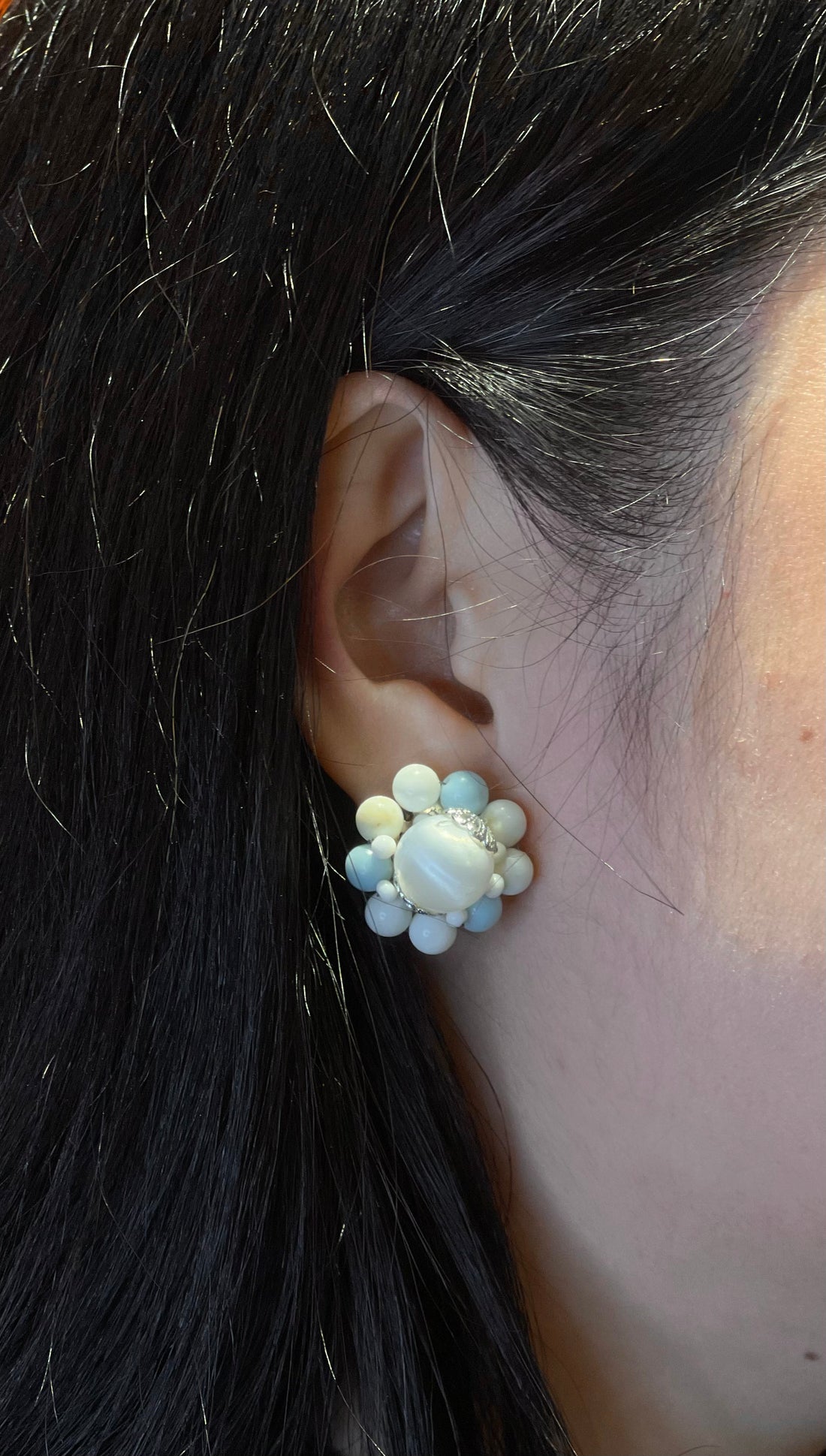 Vintage Baby Blue and White Cluster Clip-On Earrings