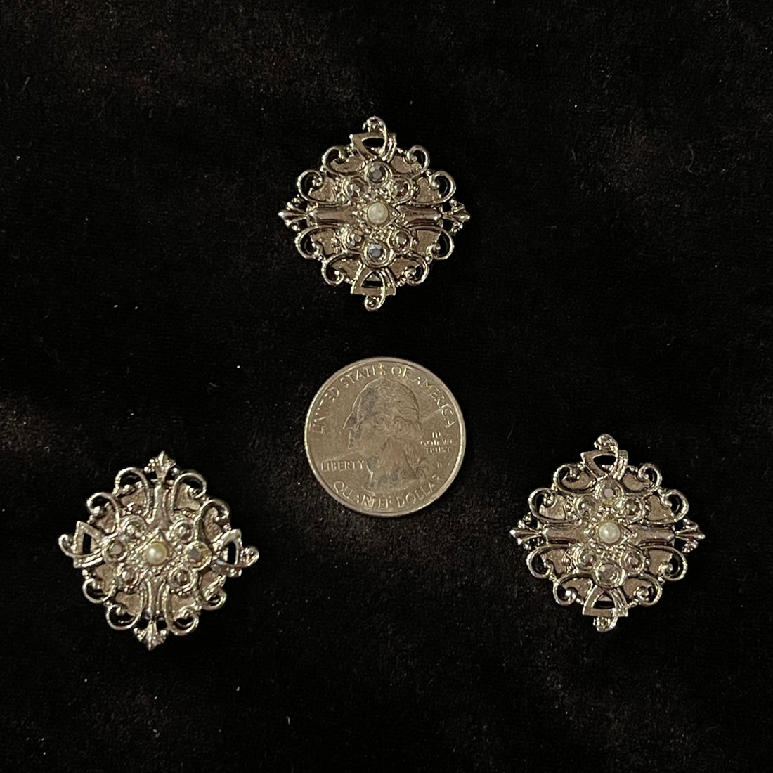 Vintage Ornate Silver Filigree Square Pearl Center Button Covers