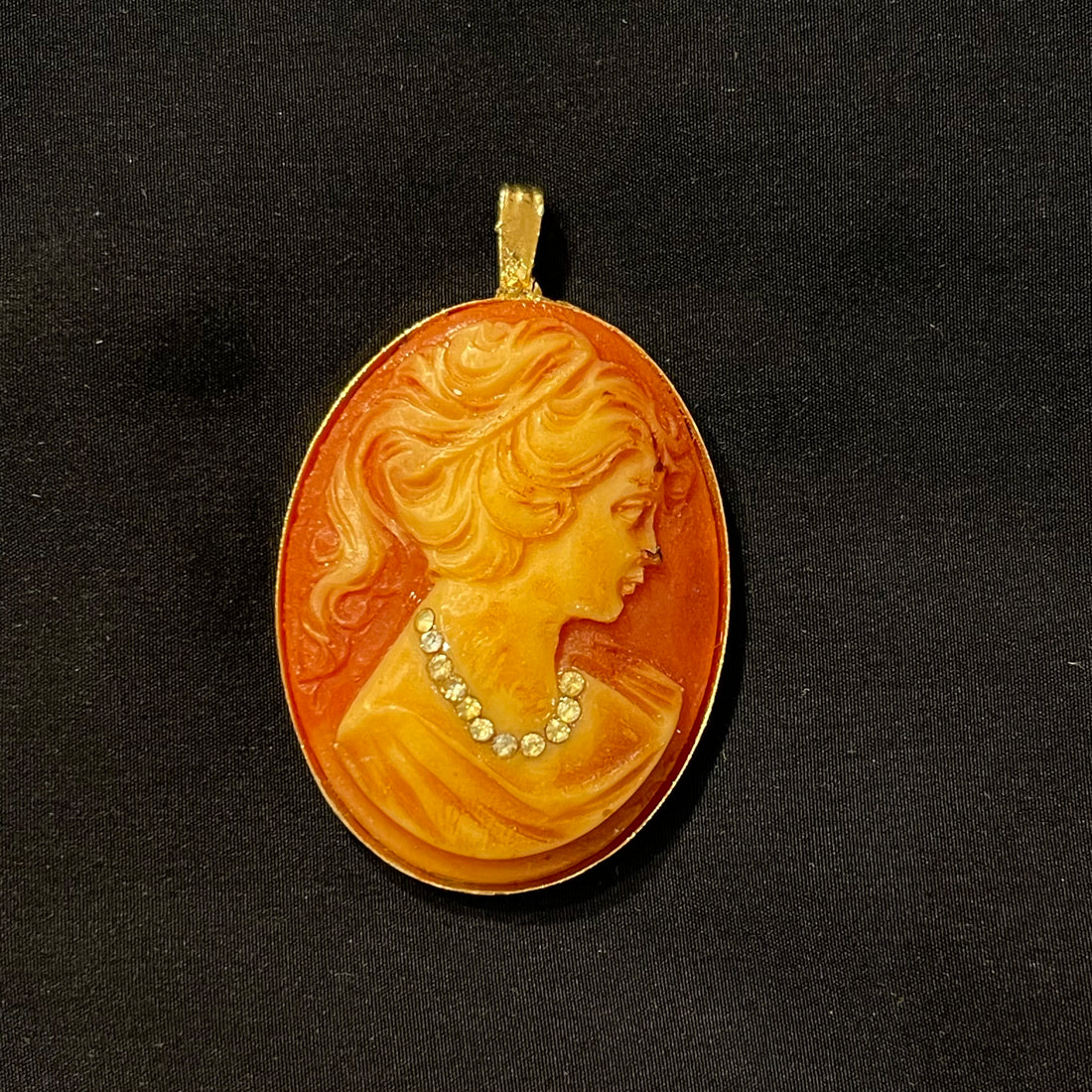 Burnt Orange and Amber Vintage Cameo Pendant with Gold Trim