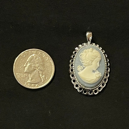 Blue and White Oval Cameo Pendant with Silver Trim