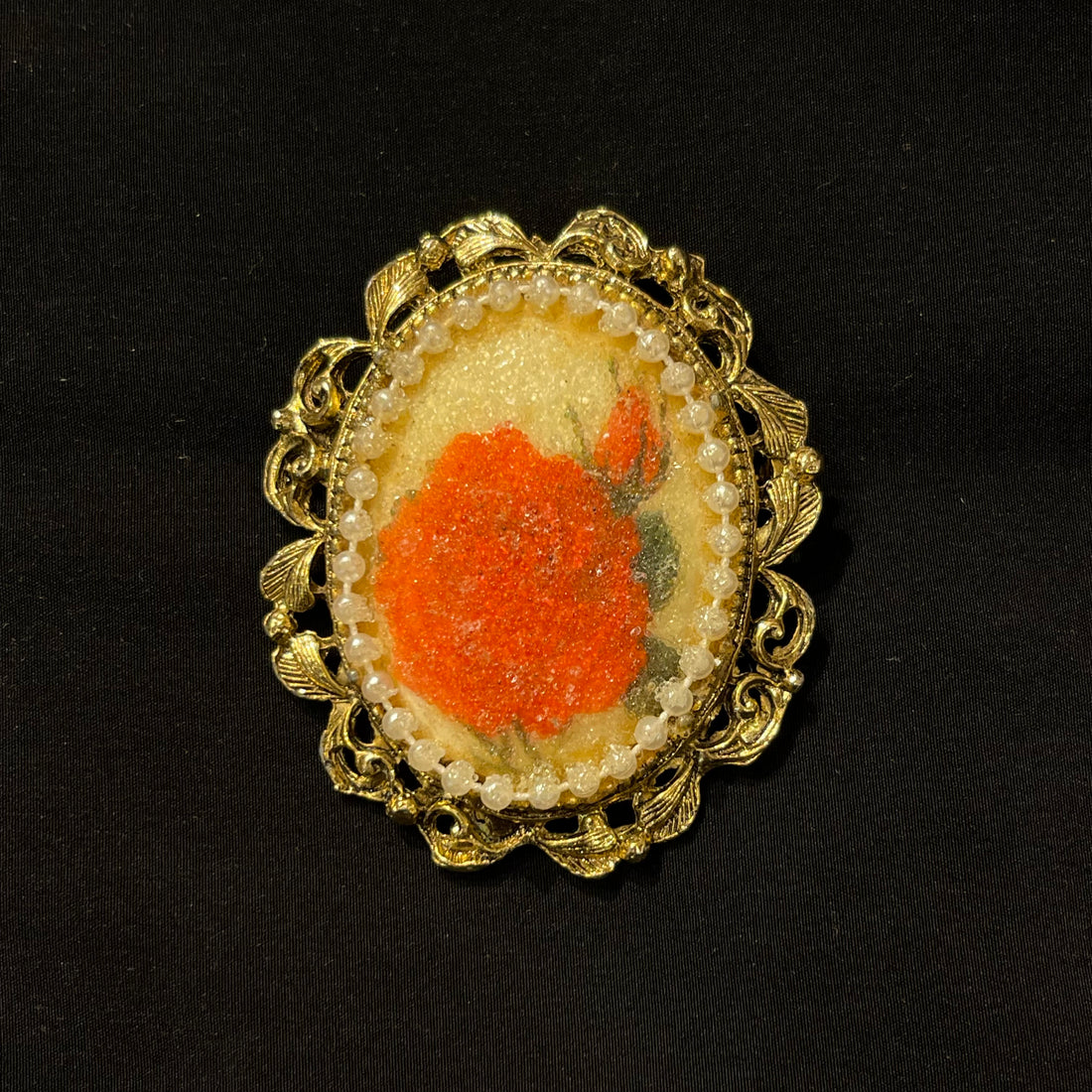 Mid Century Ornate Pendant Brooch With Orange Flower