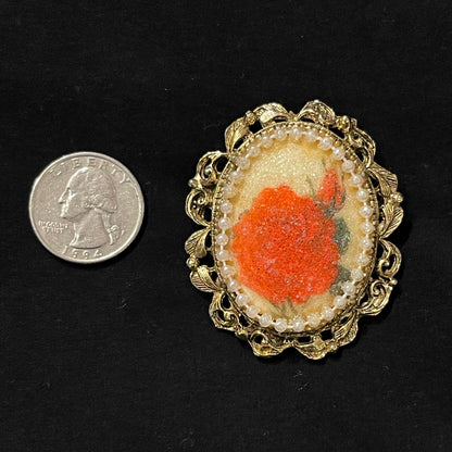 Mid Century Ornate Pendant Brooch With Orange Flower