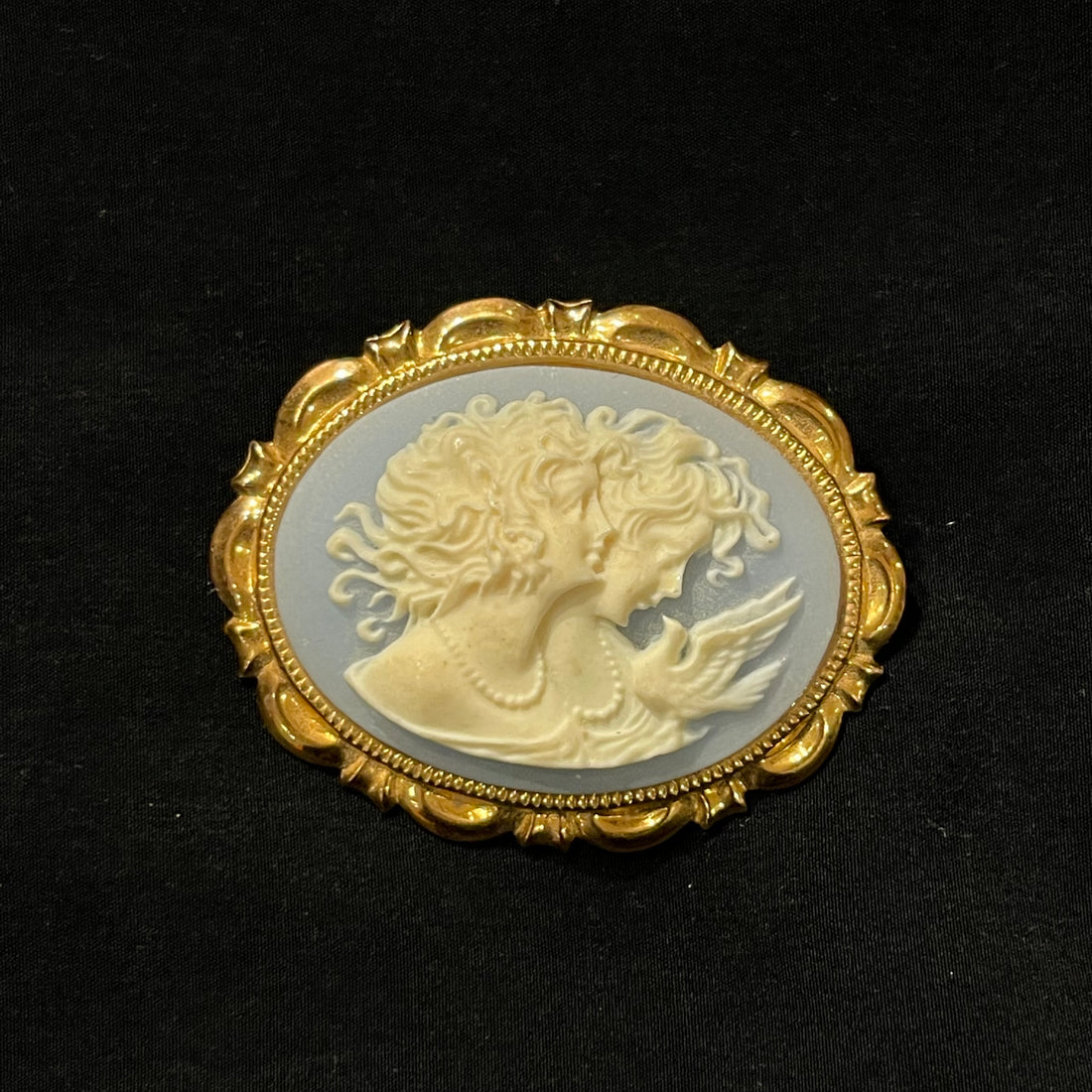Blue and White Vintage Oval Cameo Brooch with Gold Trim