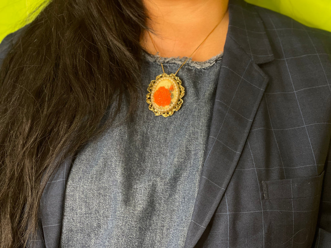 Mid Century Ornate Pendant Brooch With Orange Flower