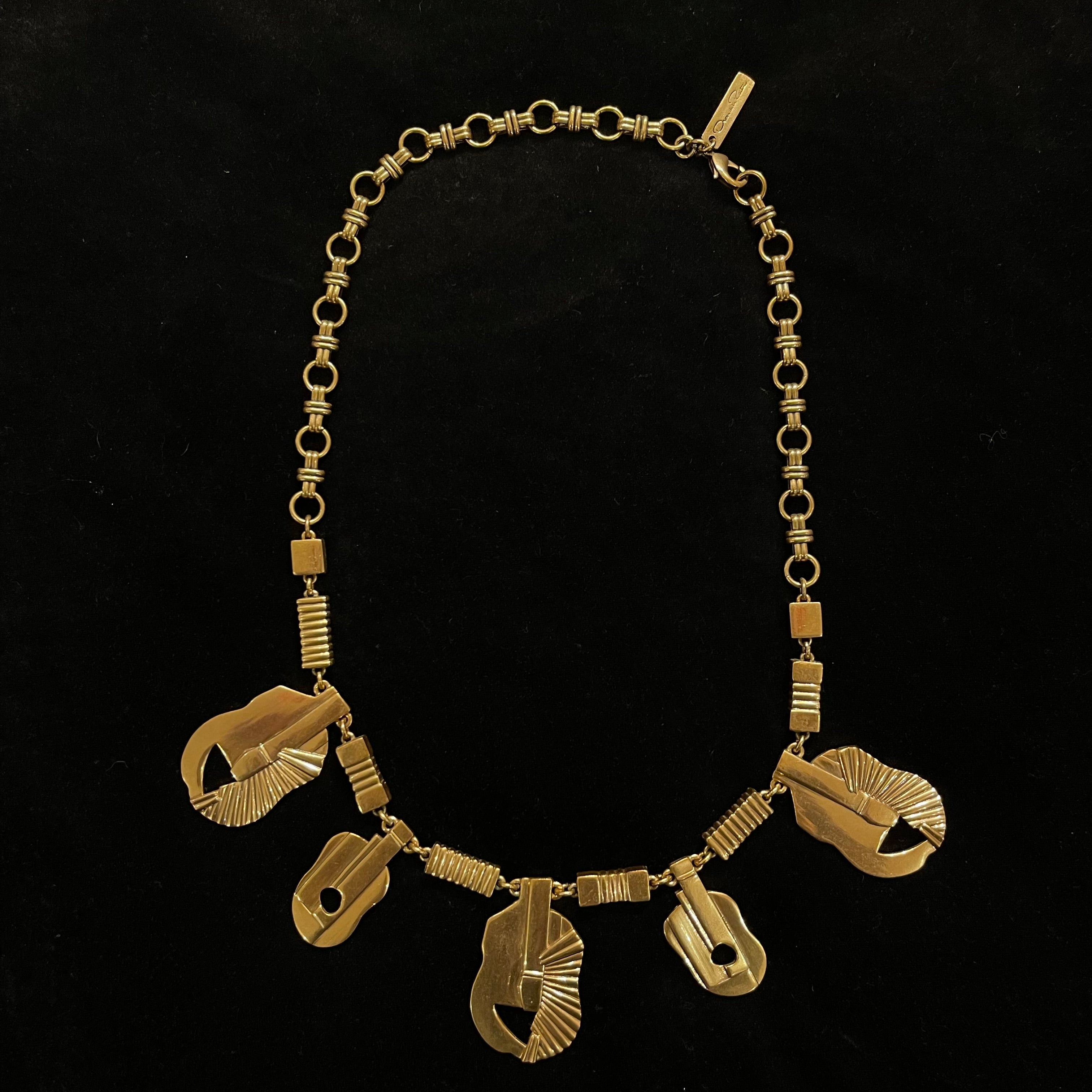 Vintage Oscar De La Renta Brass Guitar Motif Necklace