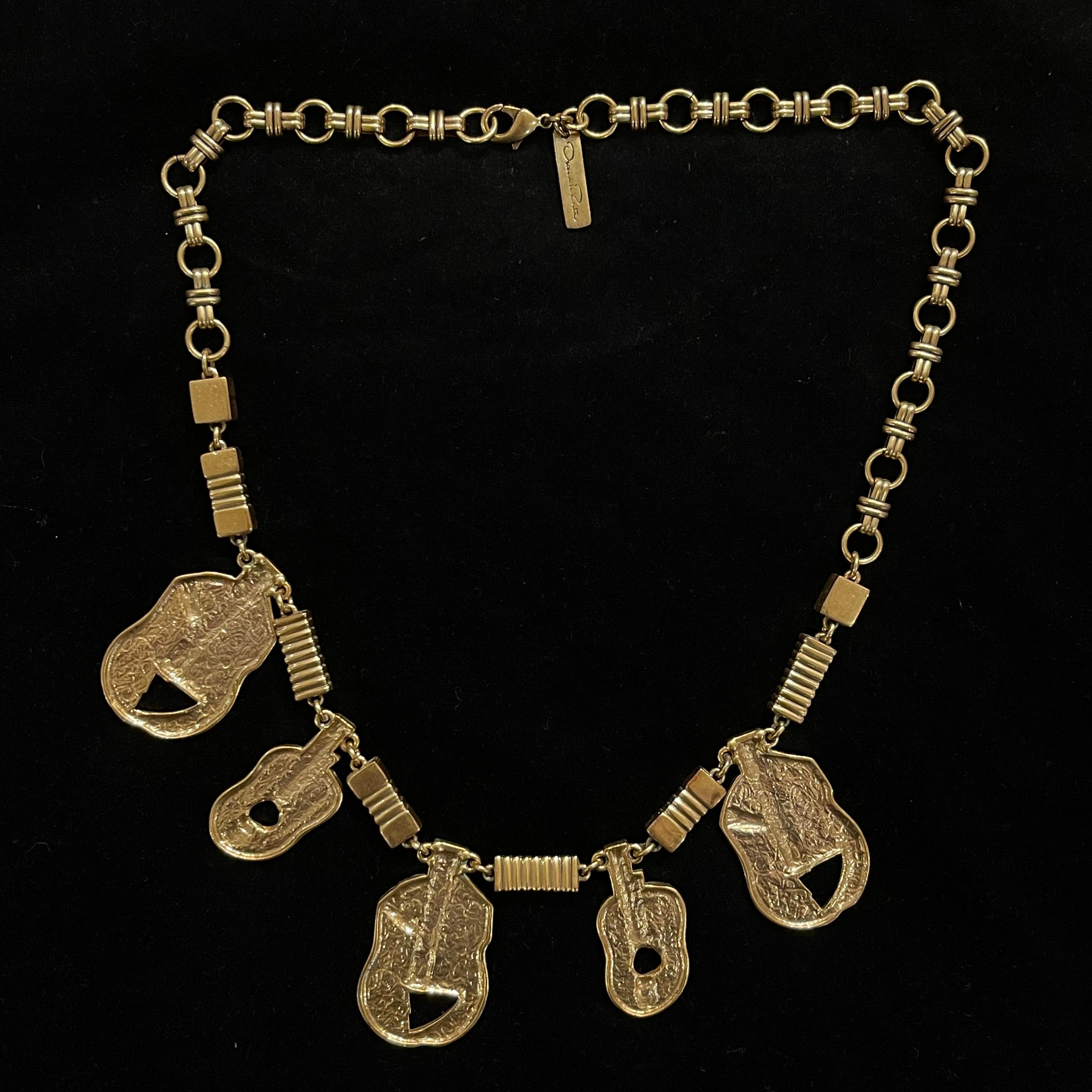 Vintage Oscar De La Renta Brass Guitar Motif Necklace