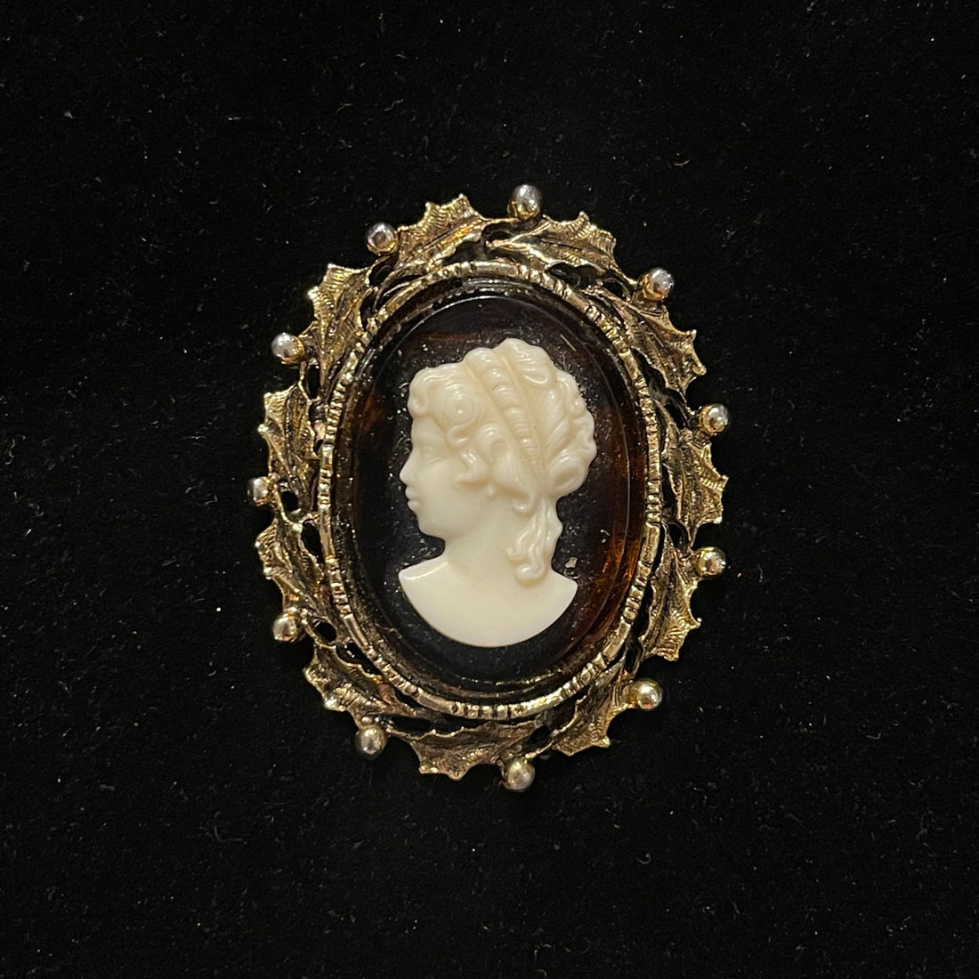 Oval Brown Cameo Brooch Pendant With Gold Trim