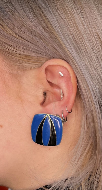 Vintage Blue and Black Square Enamel Earrings